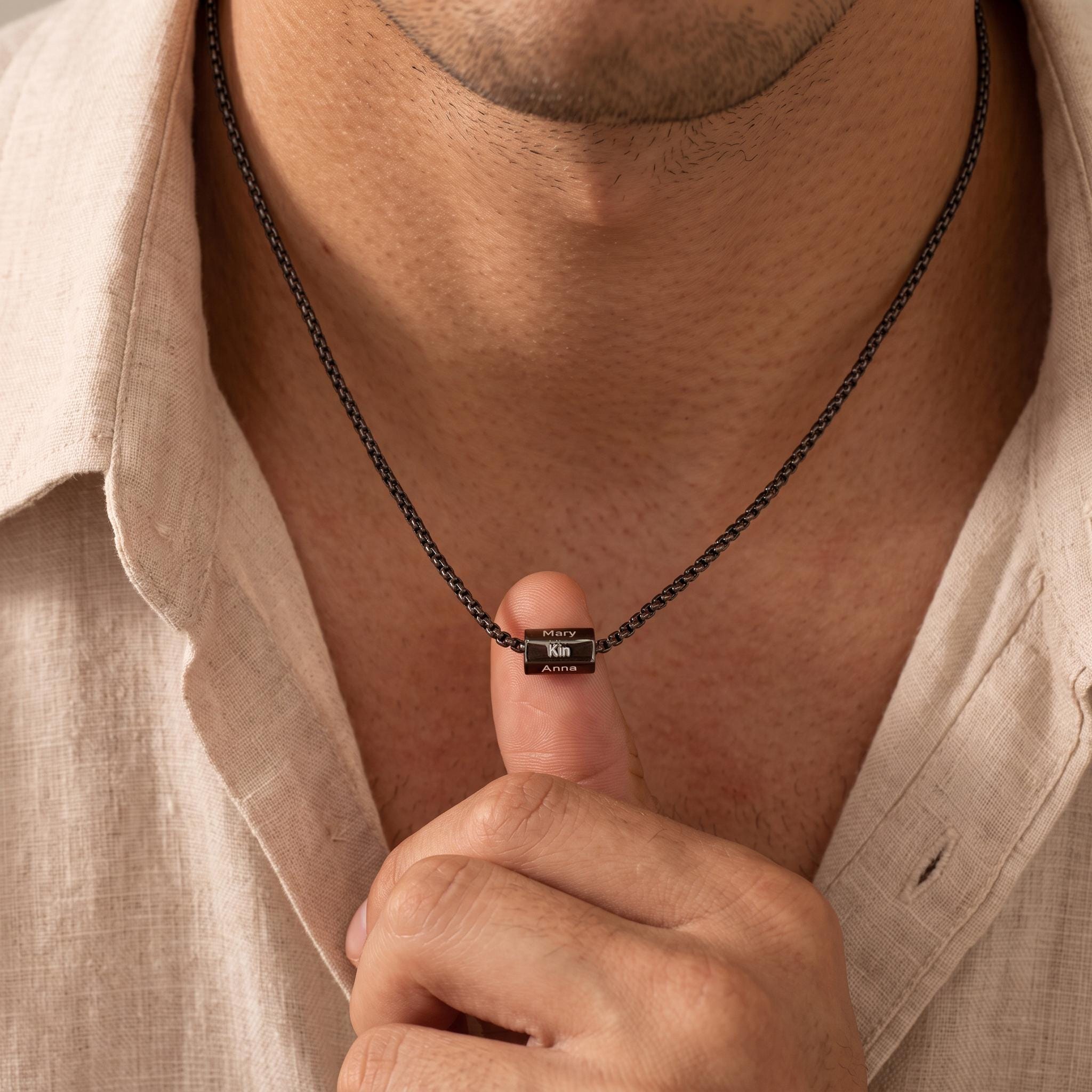Custom Name Bar Necklace for Men with Copper Pendant and Engraved Names