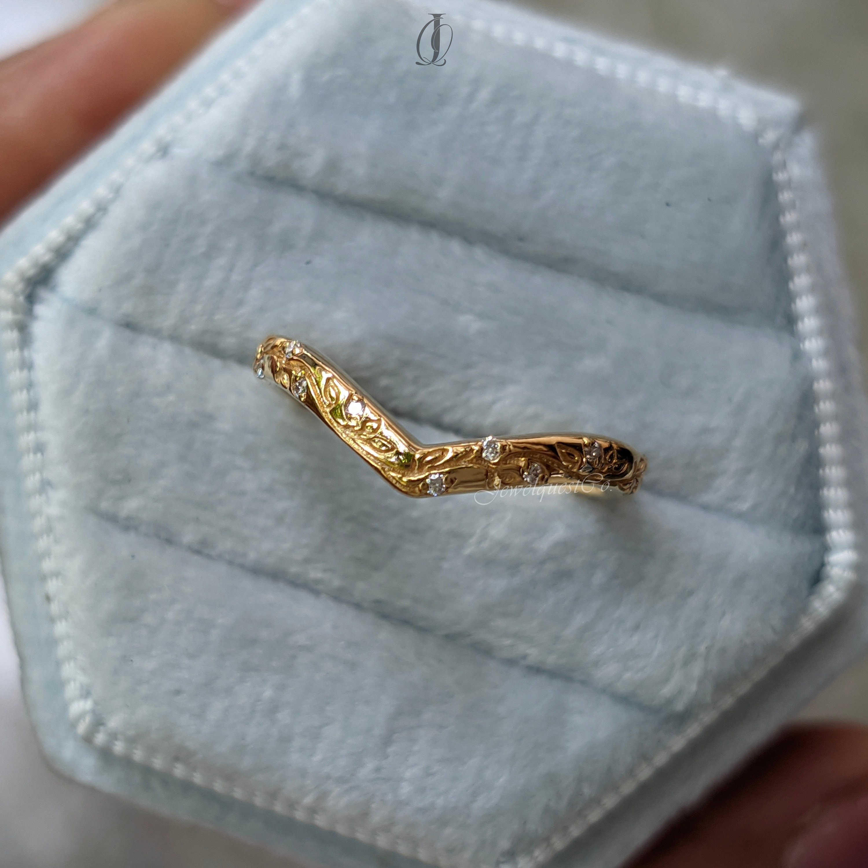 Chevron Leaf Moissanite Wedding Band in Solid Gold with Vine Engraving