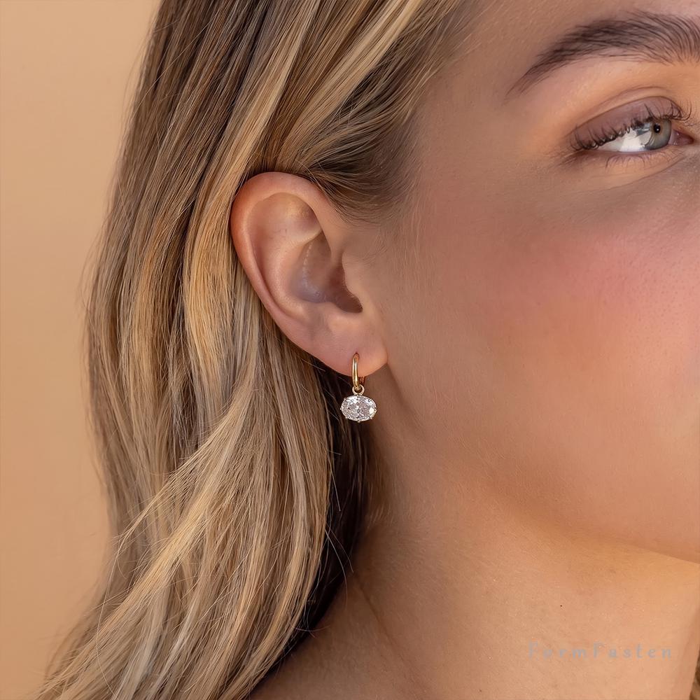 Floating Oval Cubic Zirconia Drop Huggie Earrings in Gold or Silver