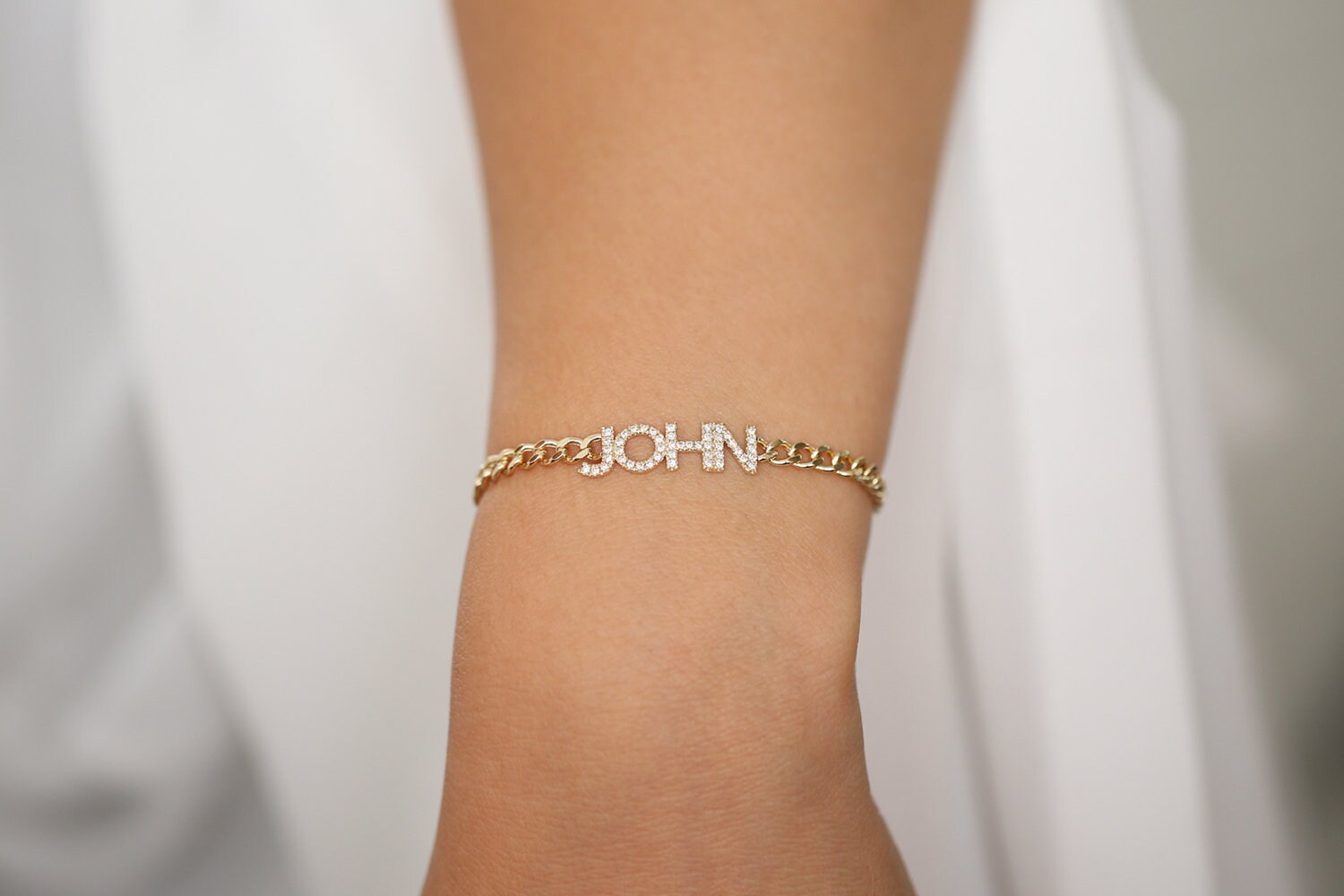 Personalized Diamond Name Bracelet on a 14K Gold Cuban Link Chain