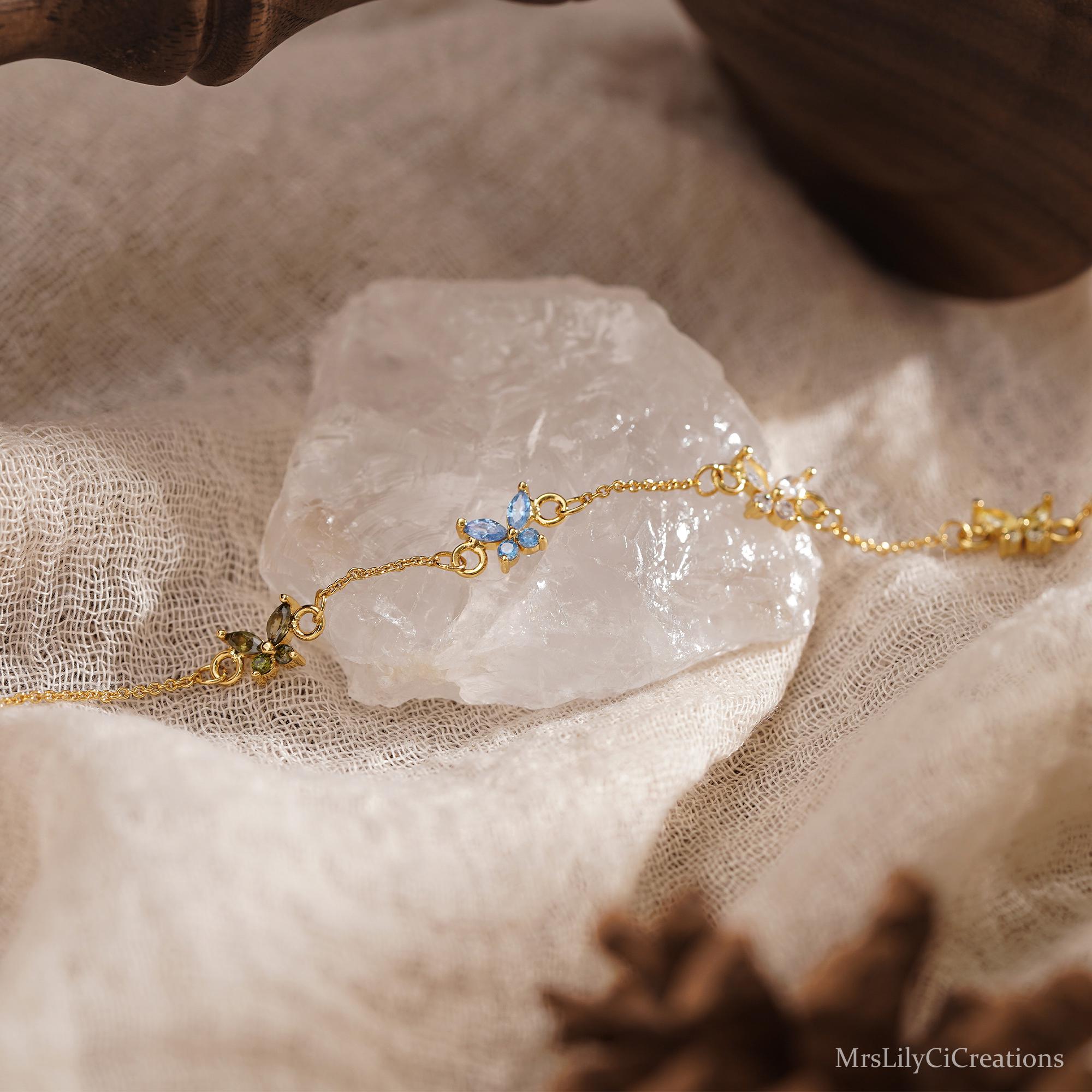 Custom Butterfly Birthstone Bracelet in Silver or 18K Gold Plate
