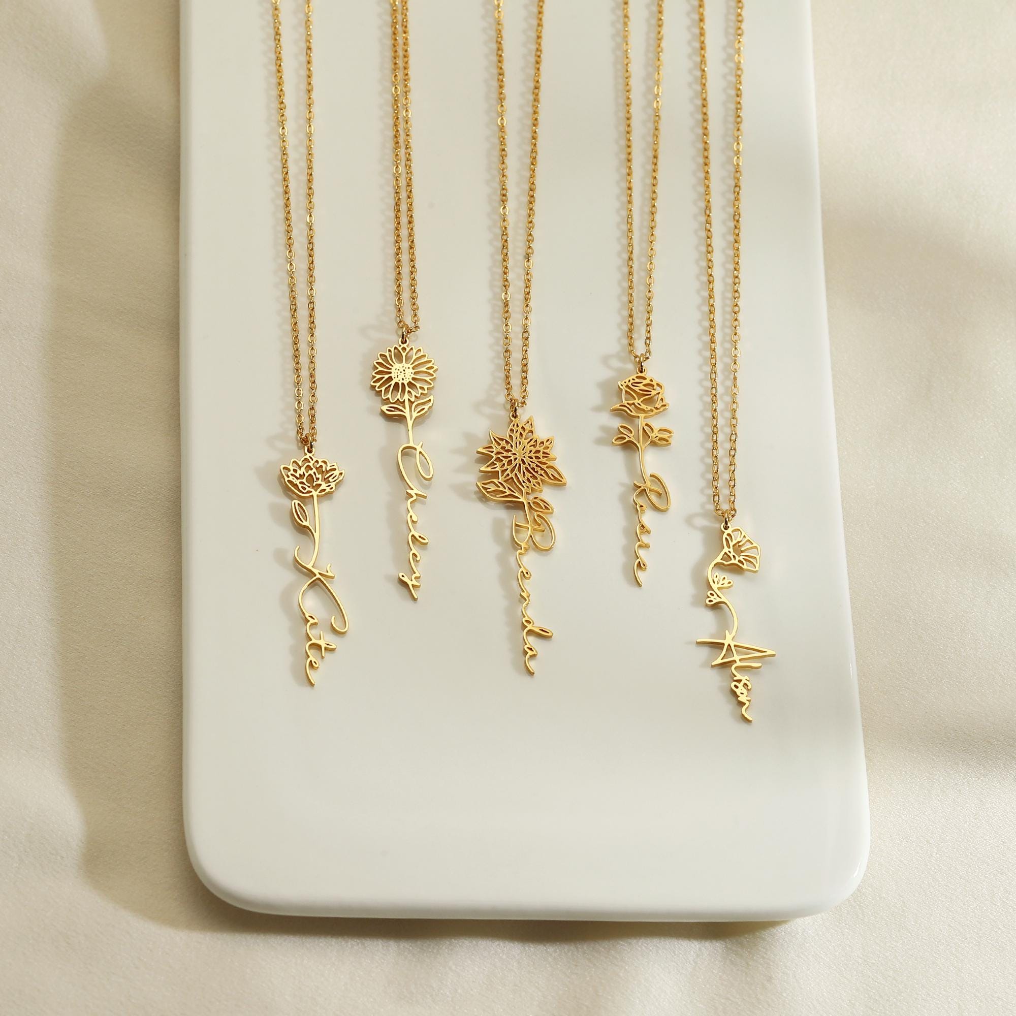 Personalized Name Necklace with Birth Flower Charm