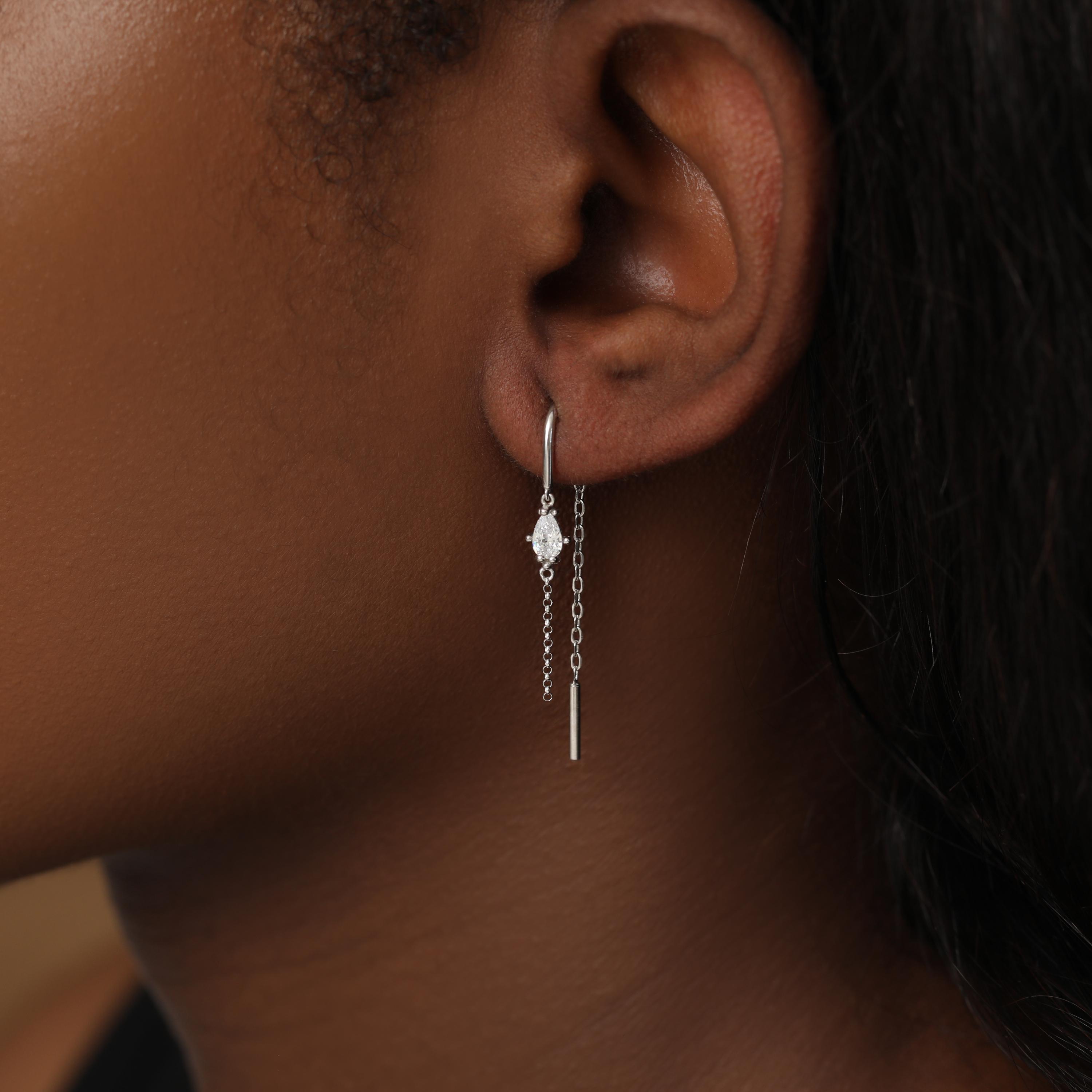 Sterling Silver Teardrop Threader Earrings with Pear Cut Zircon