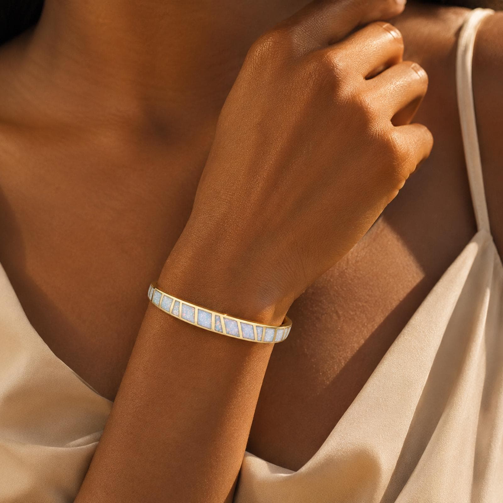 Opal Cuff Bracelet with Custom Engraving in Gold Plated Finish