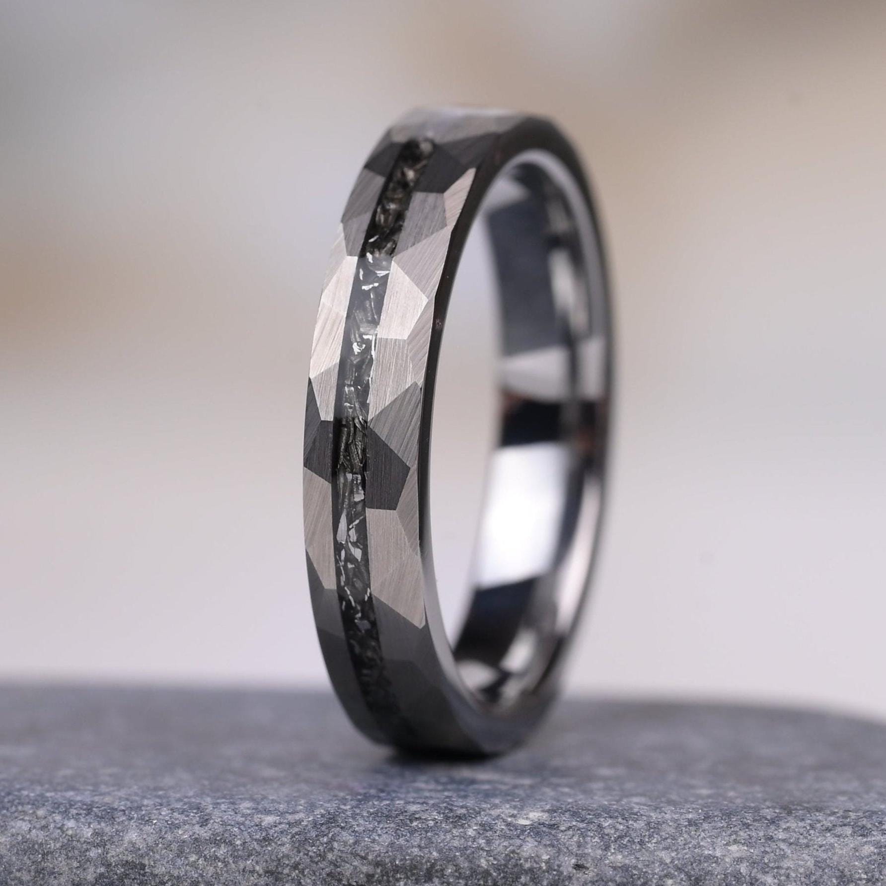 Hammered Meteorite Tungsten Couple Ring Set, 8mm and 4mm