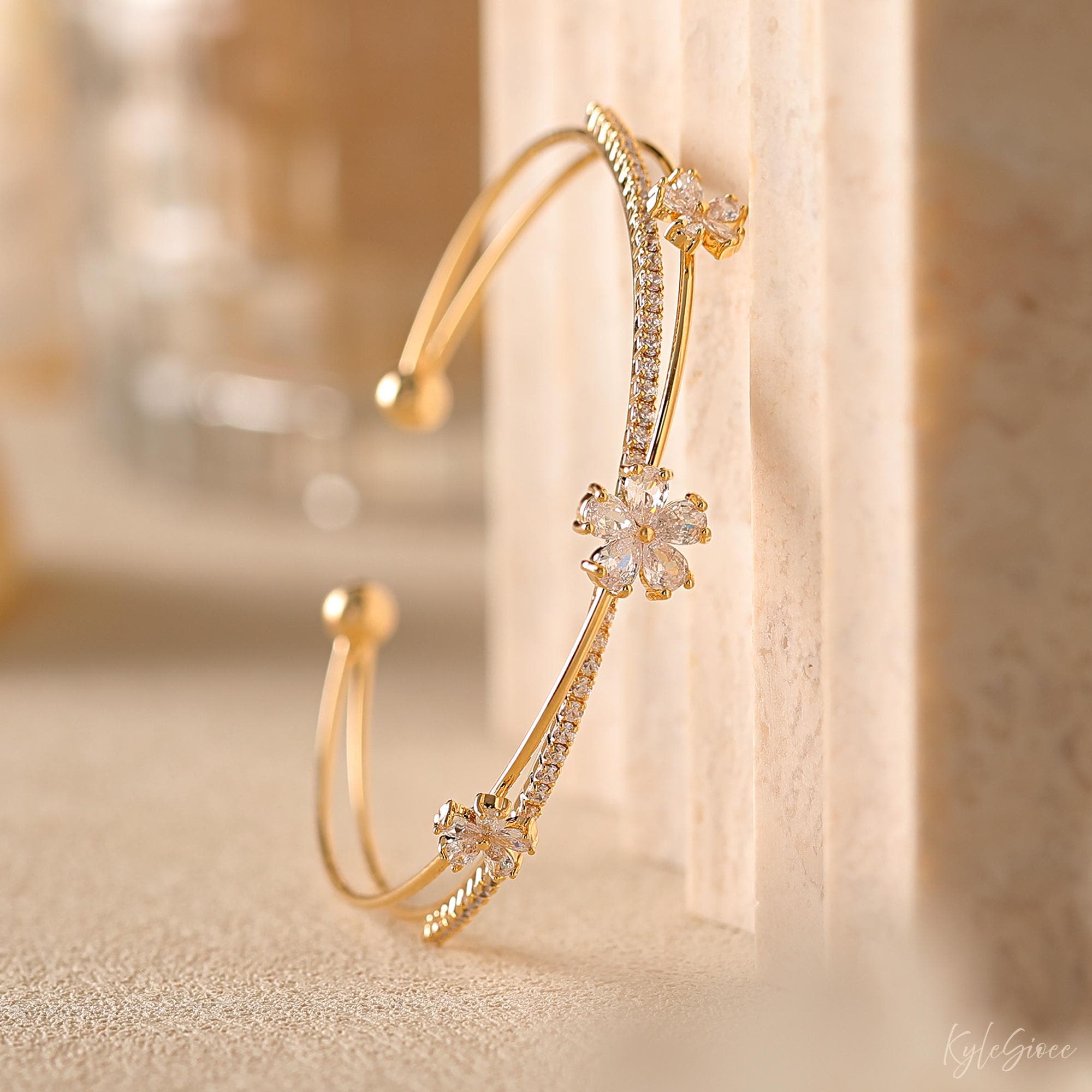 Minimalist Cubic Zirconia Flower Open Cuff Bangle