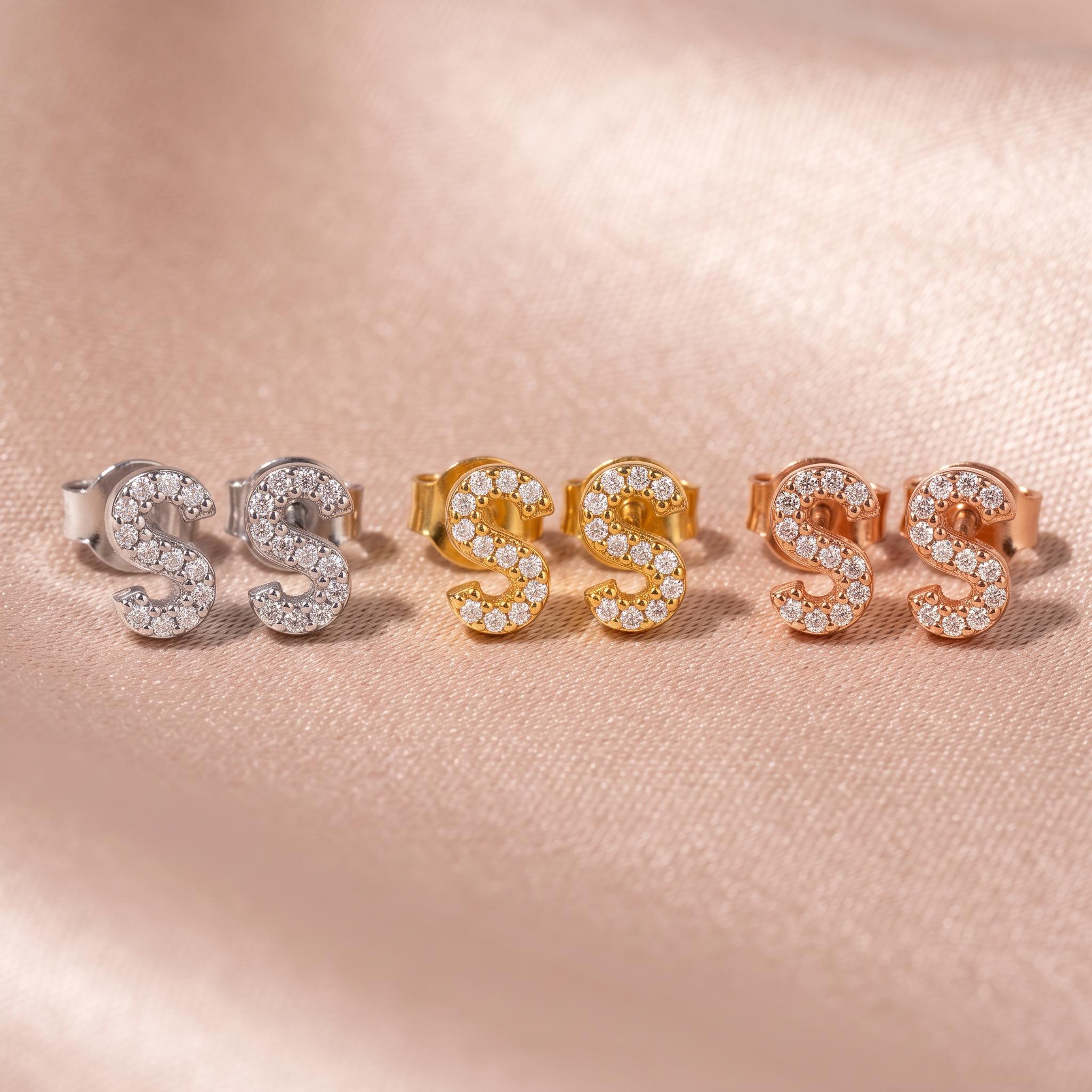 Petite Initial Stud Earrings with Zircon Accents
