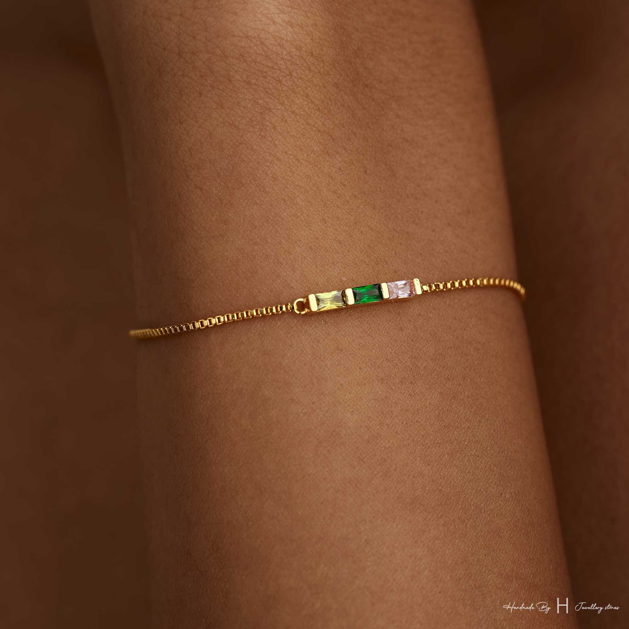 Custom Baguette Birthstone Bracelet in Rose Gold or Silver Plated Copper