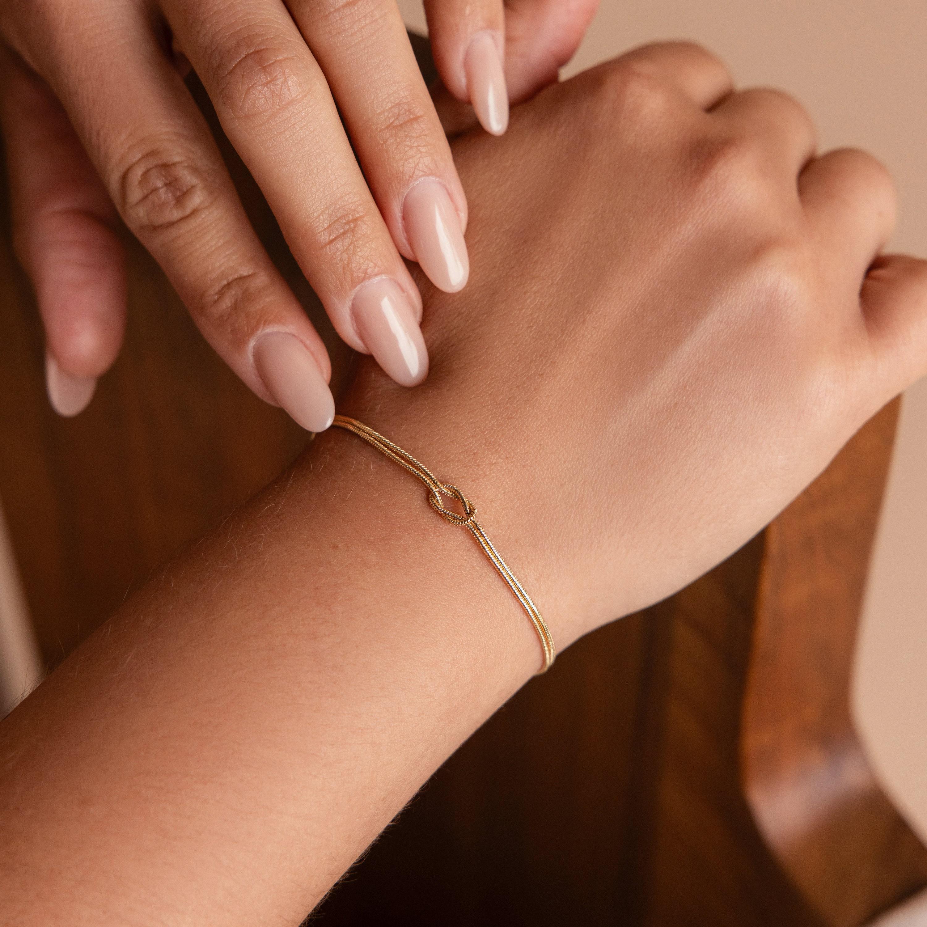 Double Snake Chain Love Knot Bracelet in 18K Gold Over Brass