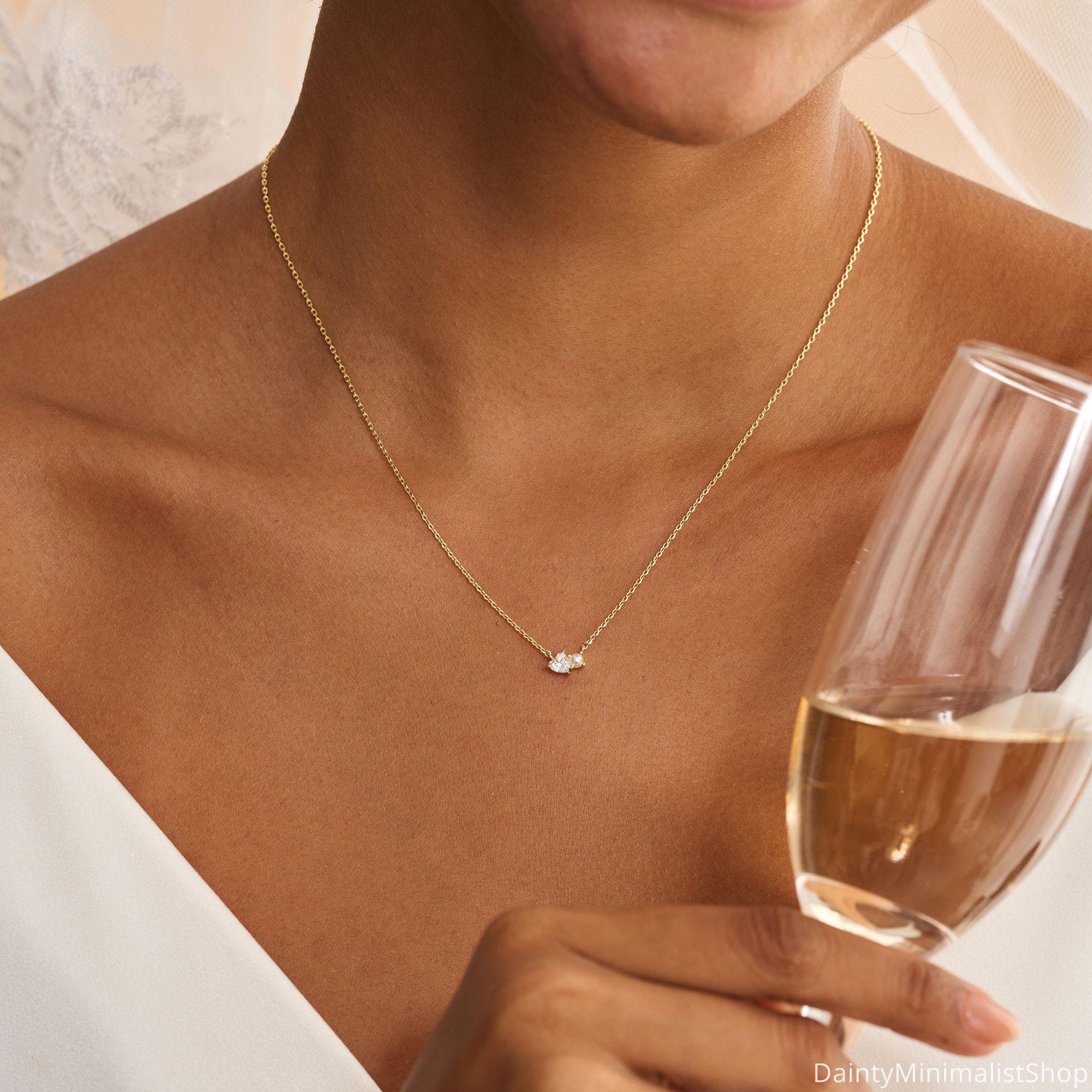 Dainty Pearl Necklace with Heart CZ Diamond in 14K Gold Plated Copper