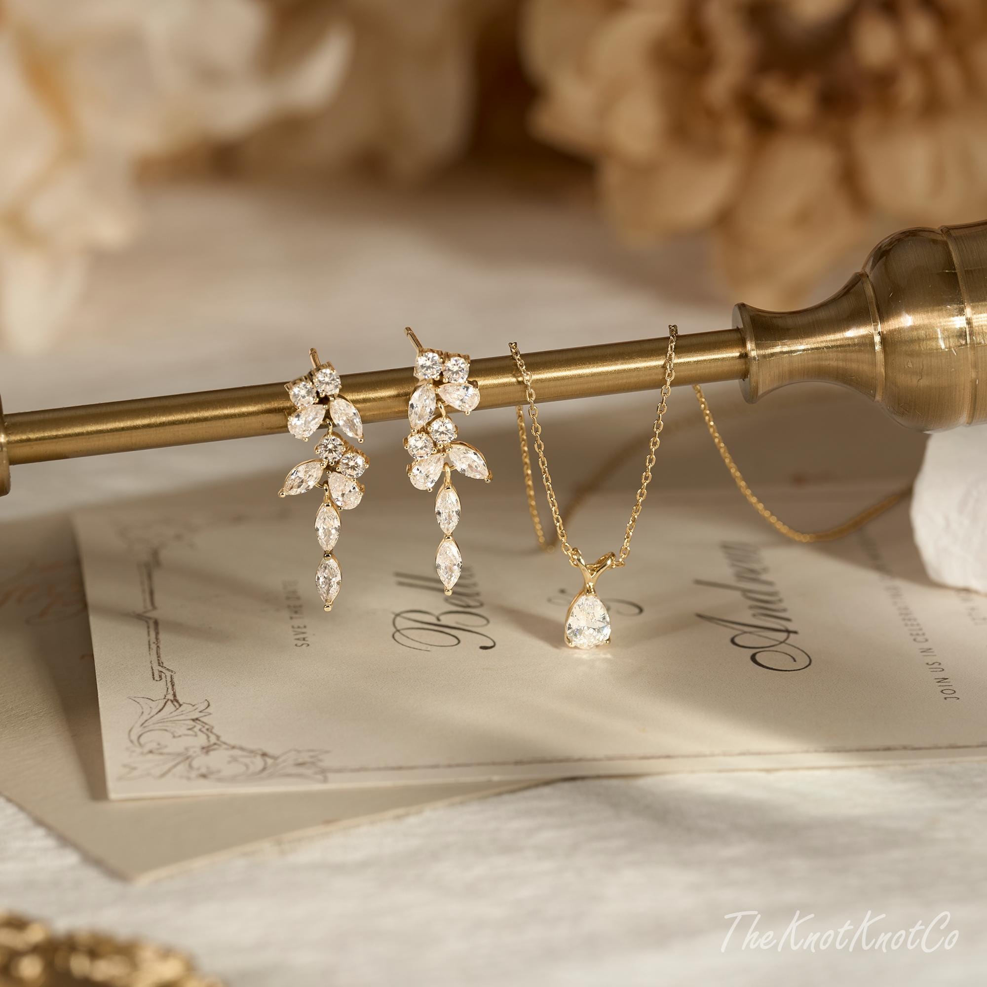 18K Gold Plated Teardrop Cubic Zirconia Necklace and Earring Set