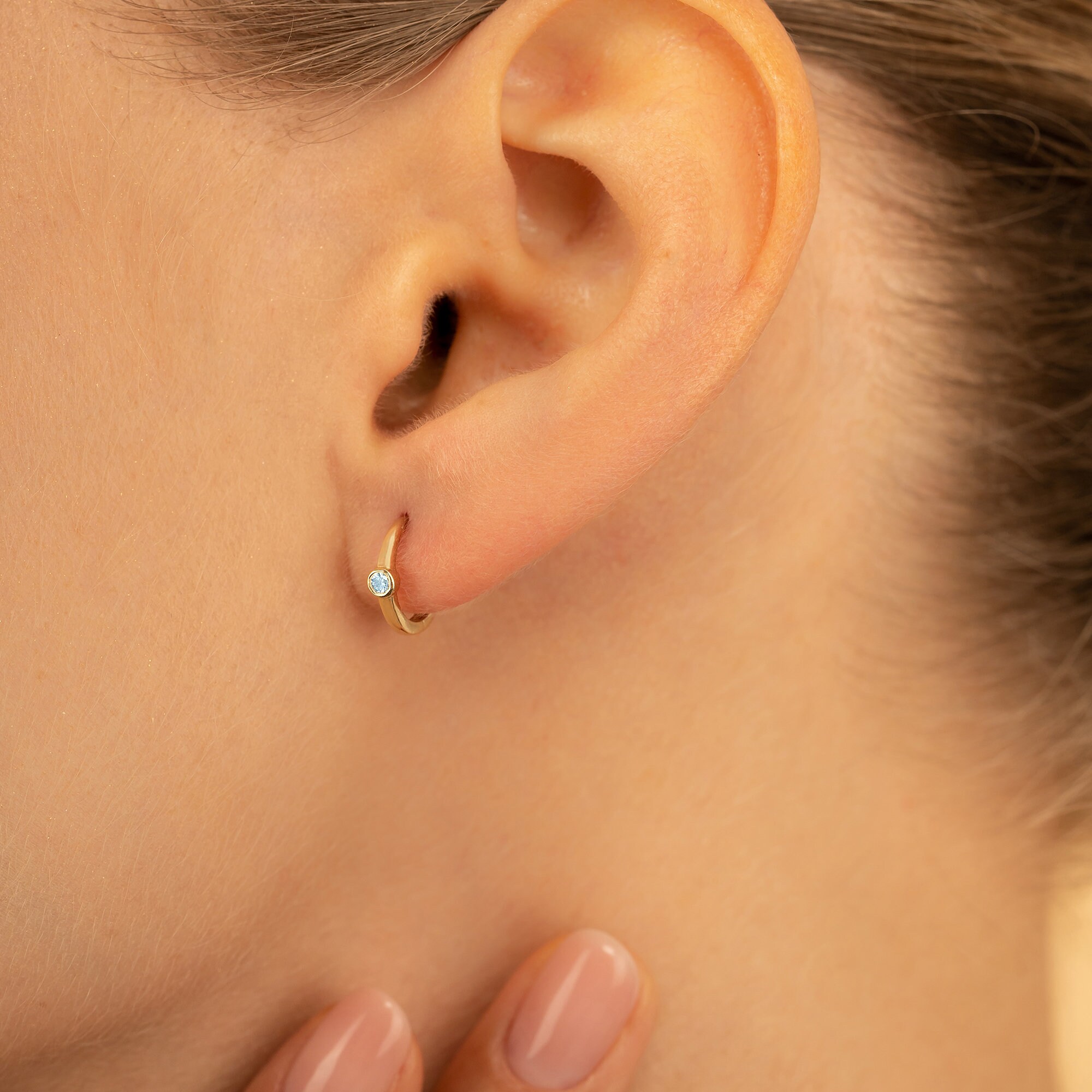 14K Solid Gold Aquamarine Huggie Hoop Earrings with Bezel Setting