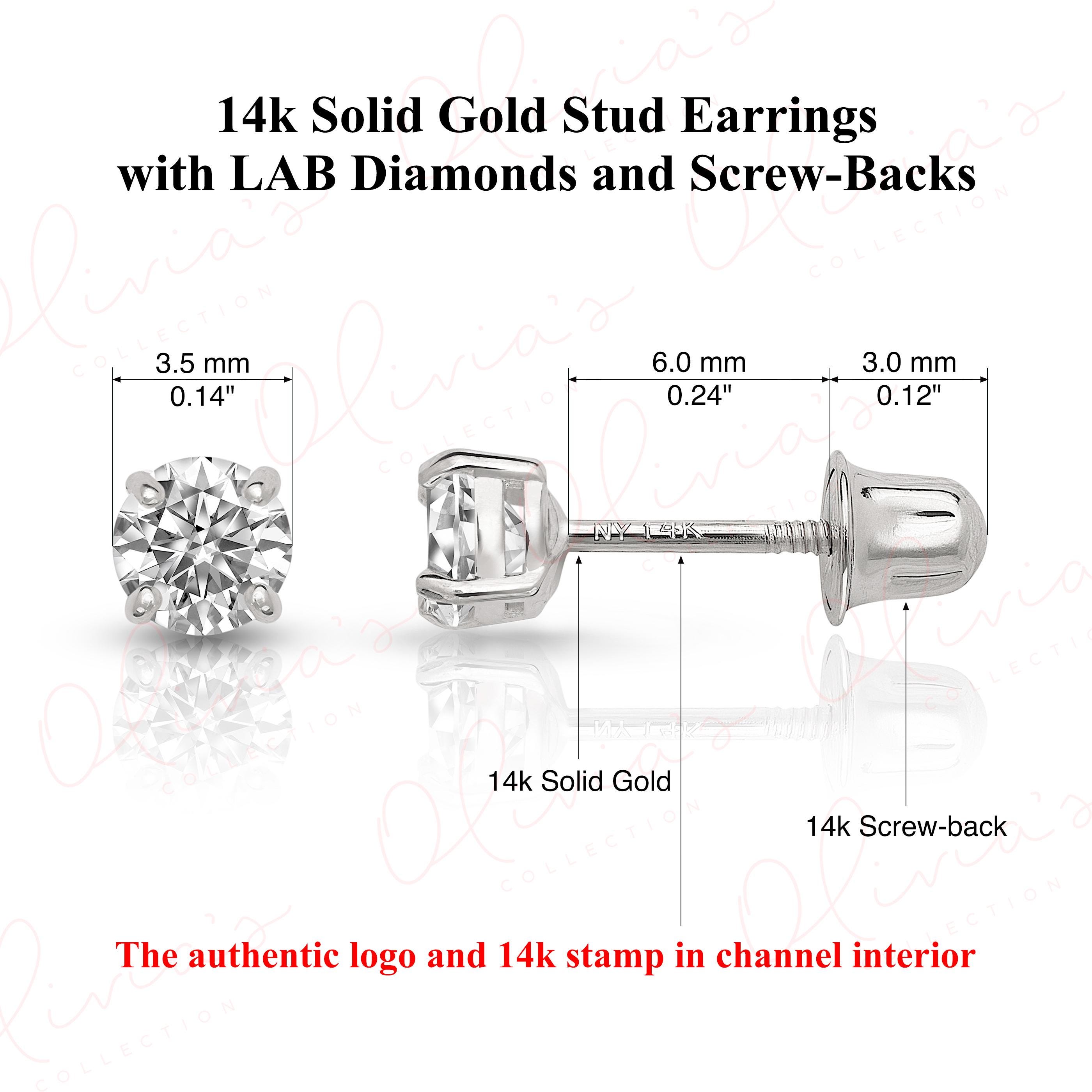 14K Solid Gold Lab-Grown Diamond Stud Earrings with Screw Backs, White or Yellow