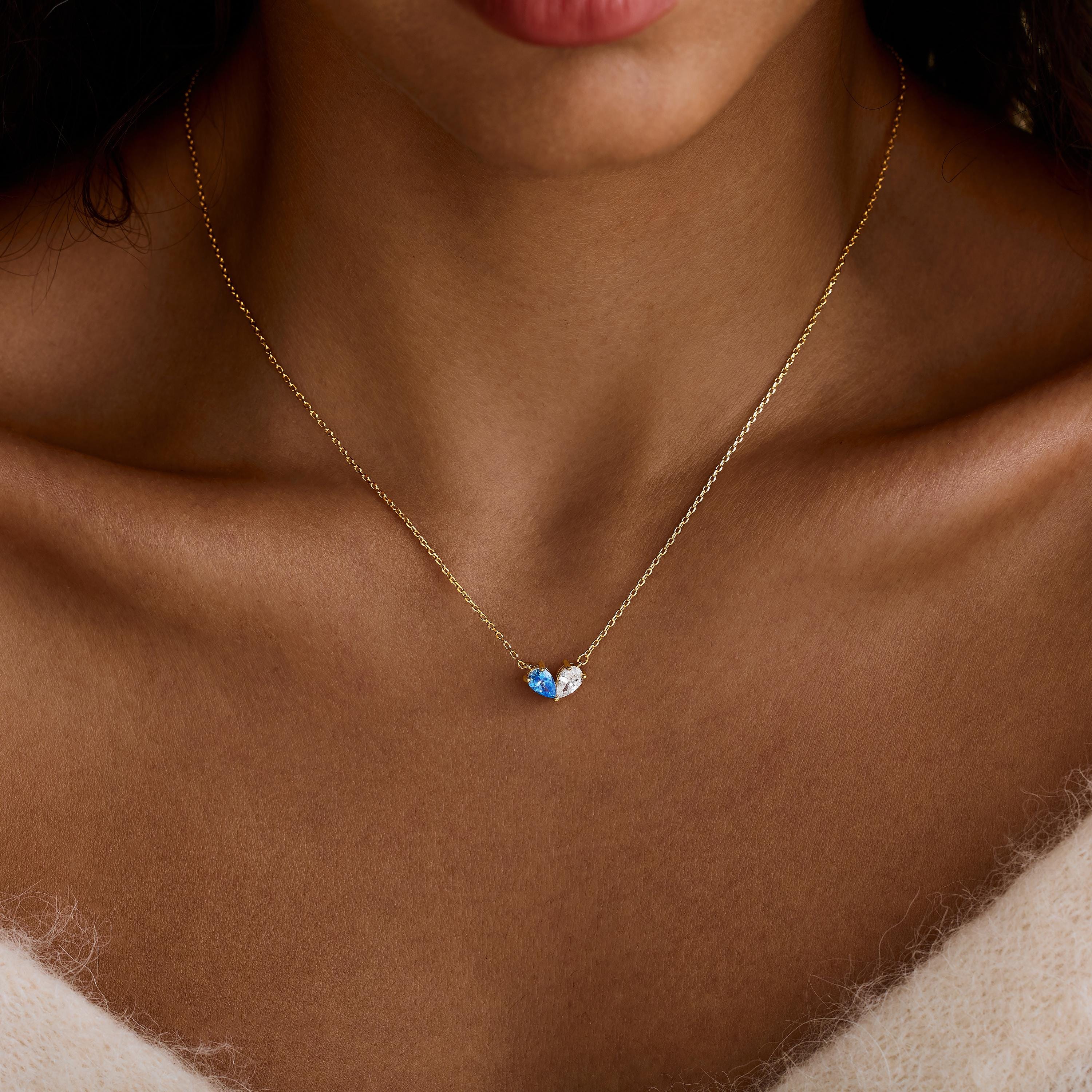 14K Gold Plated Couple Heart Birthstone Necklace with Two Teardrop Stones