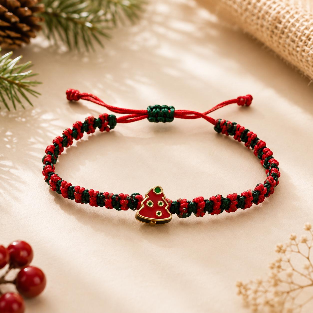 Handwoven Christmas Bracelet with Red and Green Cord and Tree Charm