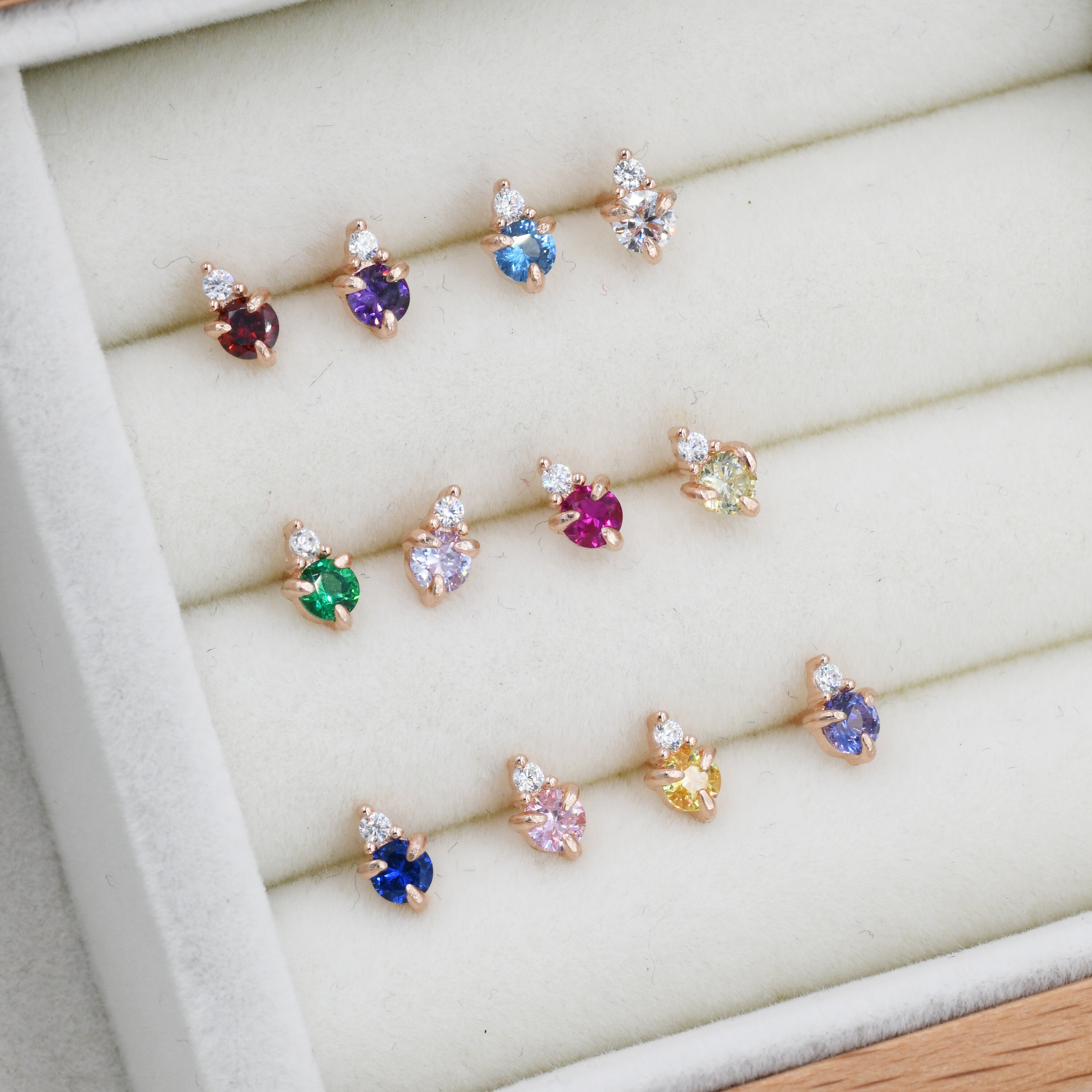 Sterling Silver Tiny Birthstone Stud Earrings with 3mm Cubic Zirconia