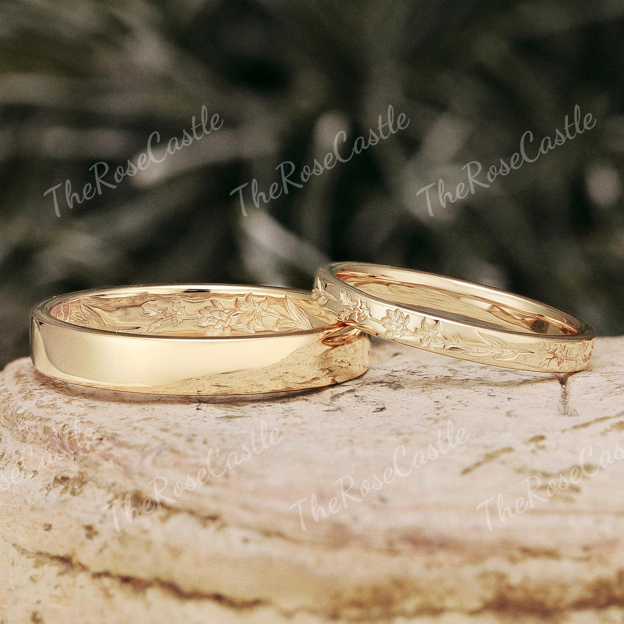 Floral Engraved Wedding Band Set, Matching Couple Bands