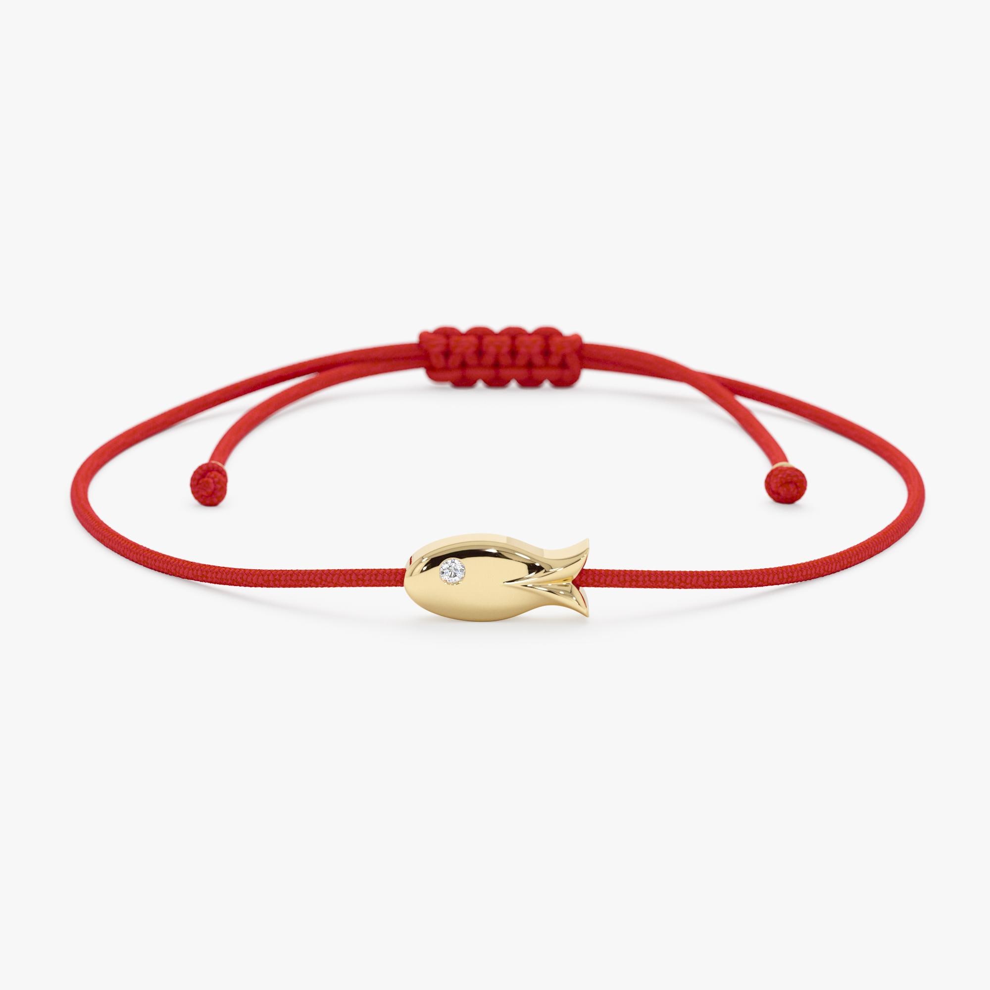 14K Solid Gold Fish Bracelet with Diamond Eye on Red Cord