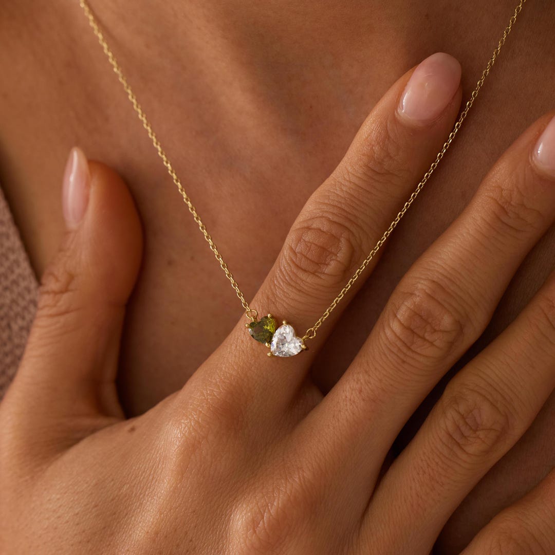Two Heart Birthstone Necklace in 14K Gold Plating with Two Custom Months