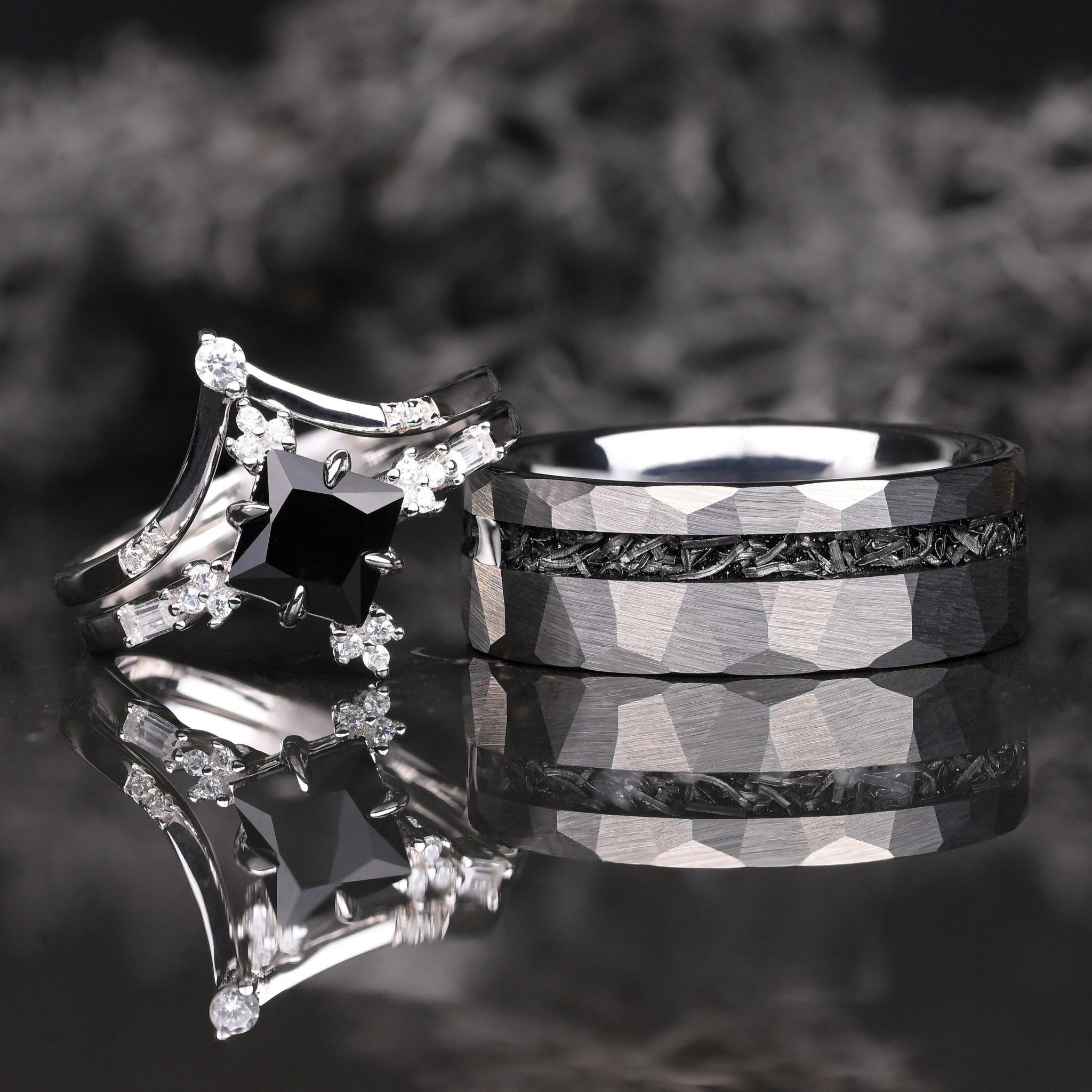 Black Tungsten Meteorite Band and Sterling Silver Salt and Pepper Ring Set