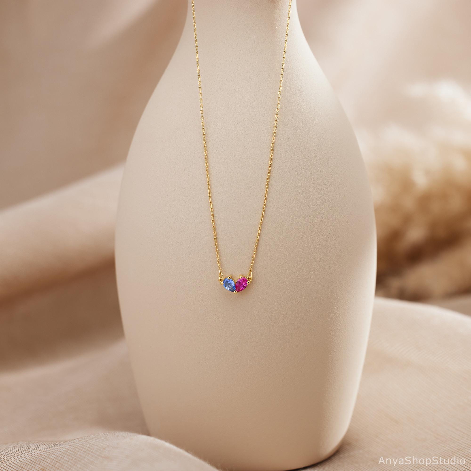 Tiny Heart Two Birthstone Necklace