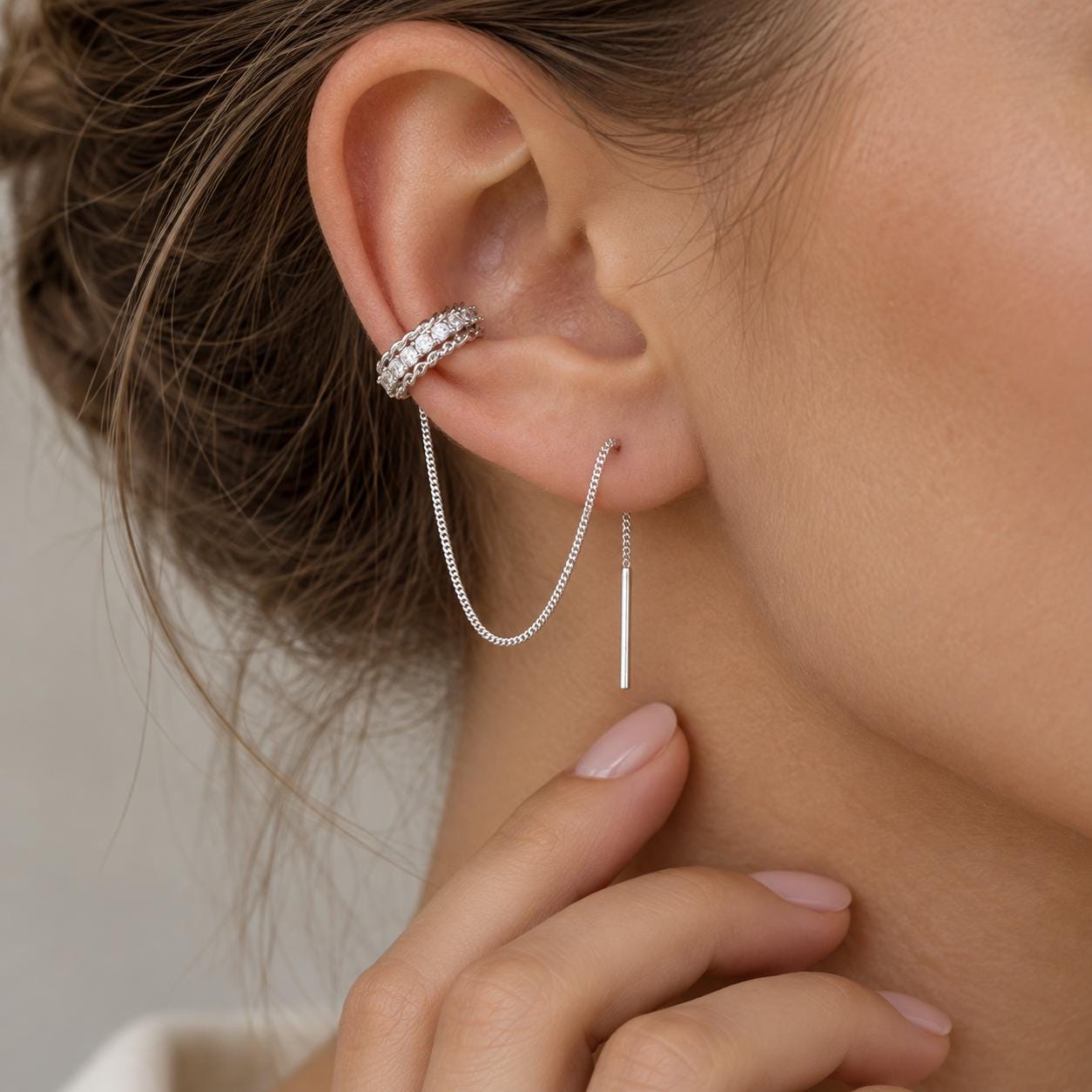 Chain Ear Cuff Earrings with Threader Chain in Gold or Silver