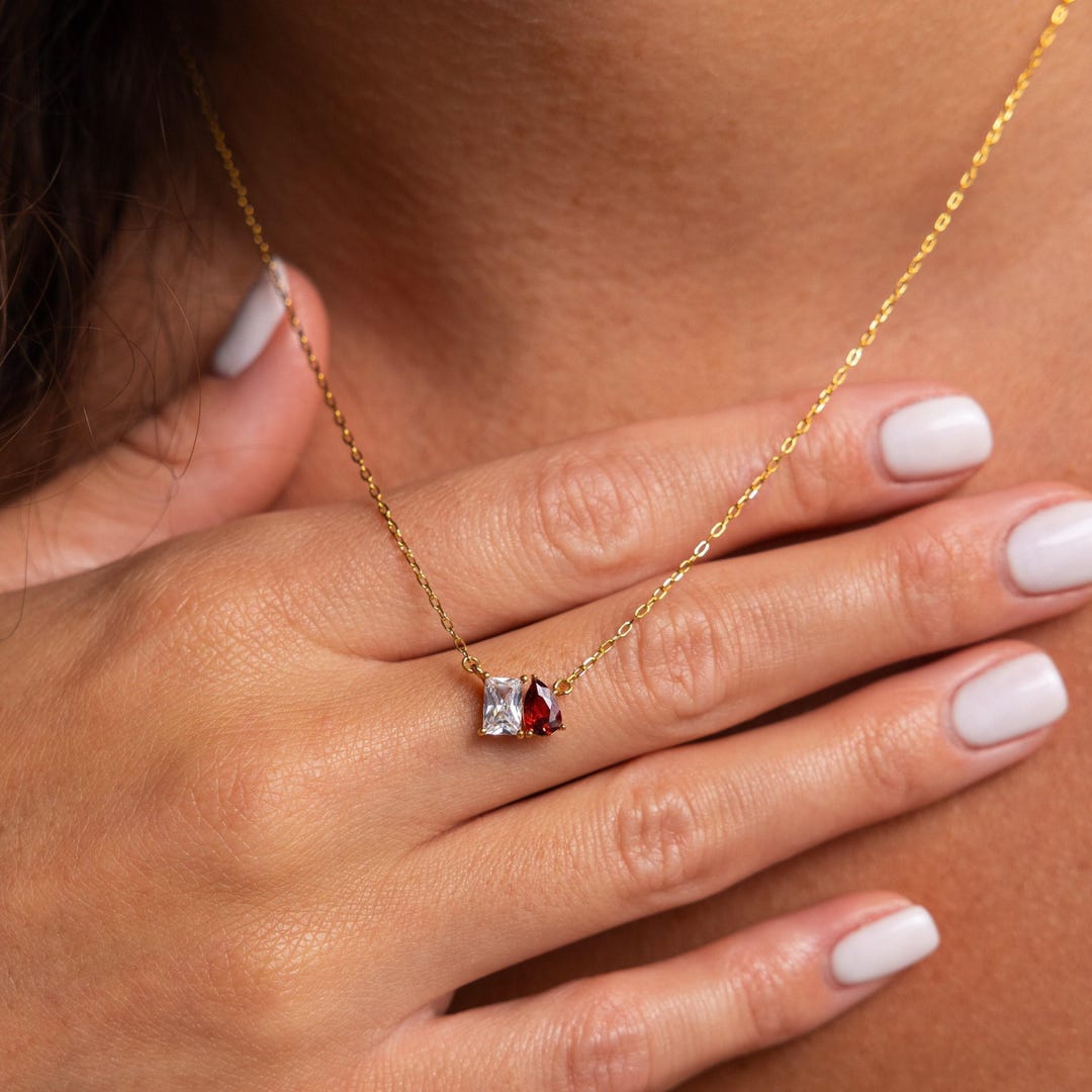 Toi et Moi Birthstone Necklace with Emerald and Pear Cut Stones