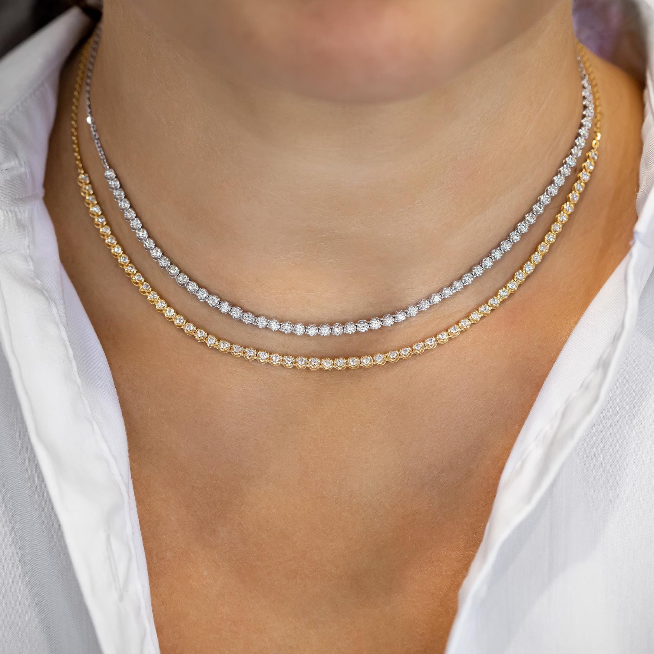 14K Gold Natural Diamond Tennis Choker Necklace with Adjustable Drawstring