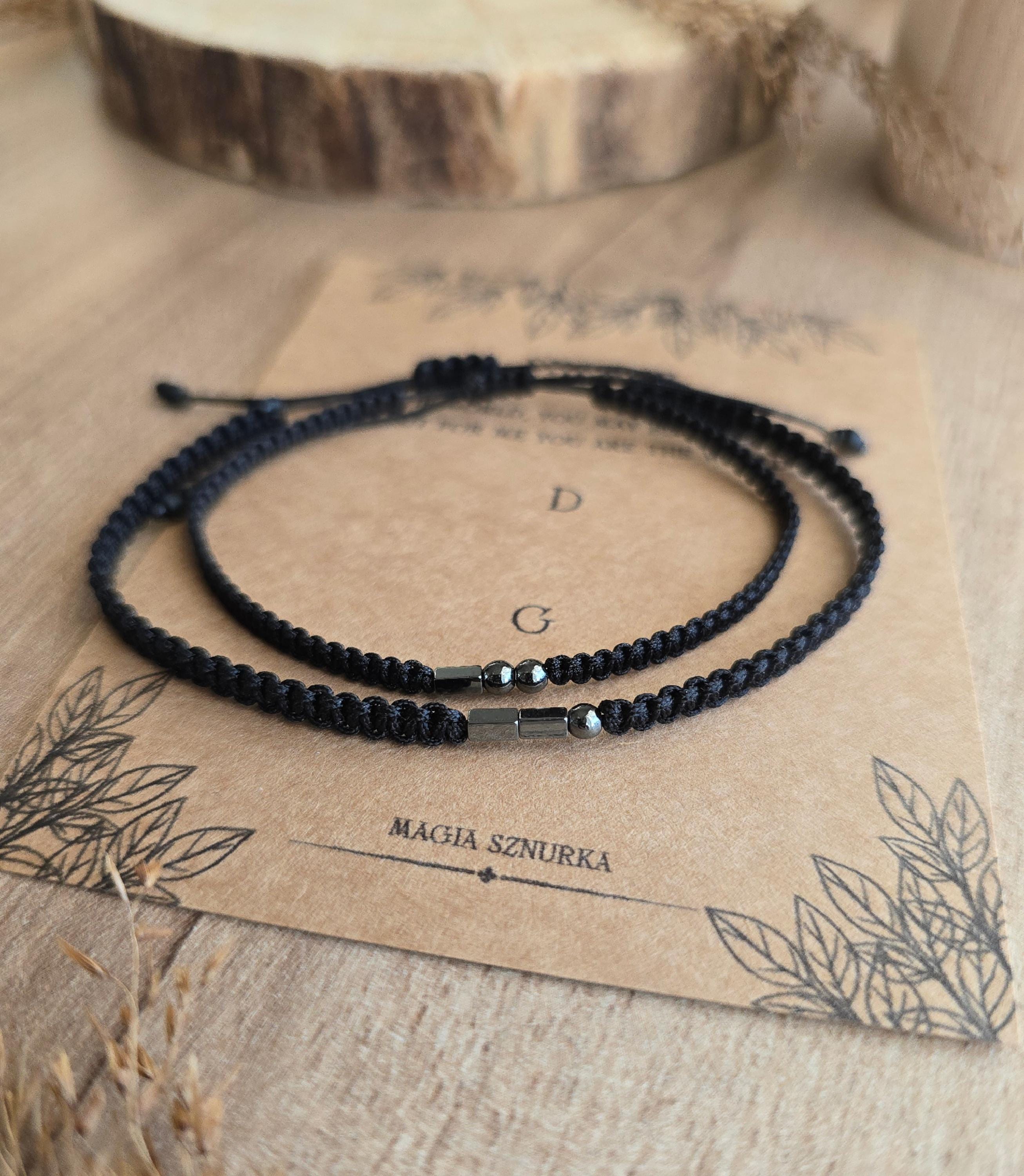 Initial Morse Code Couples Bracelet Set with Hematite Beads in Black Macrame