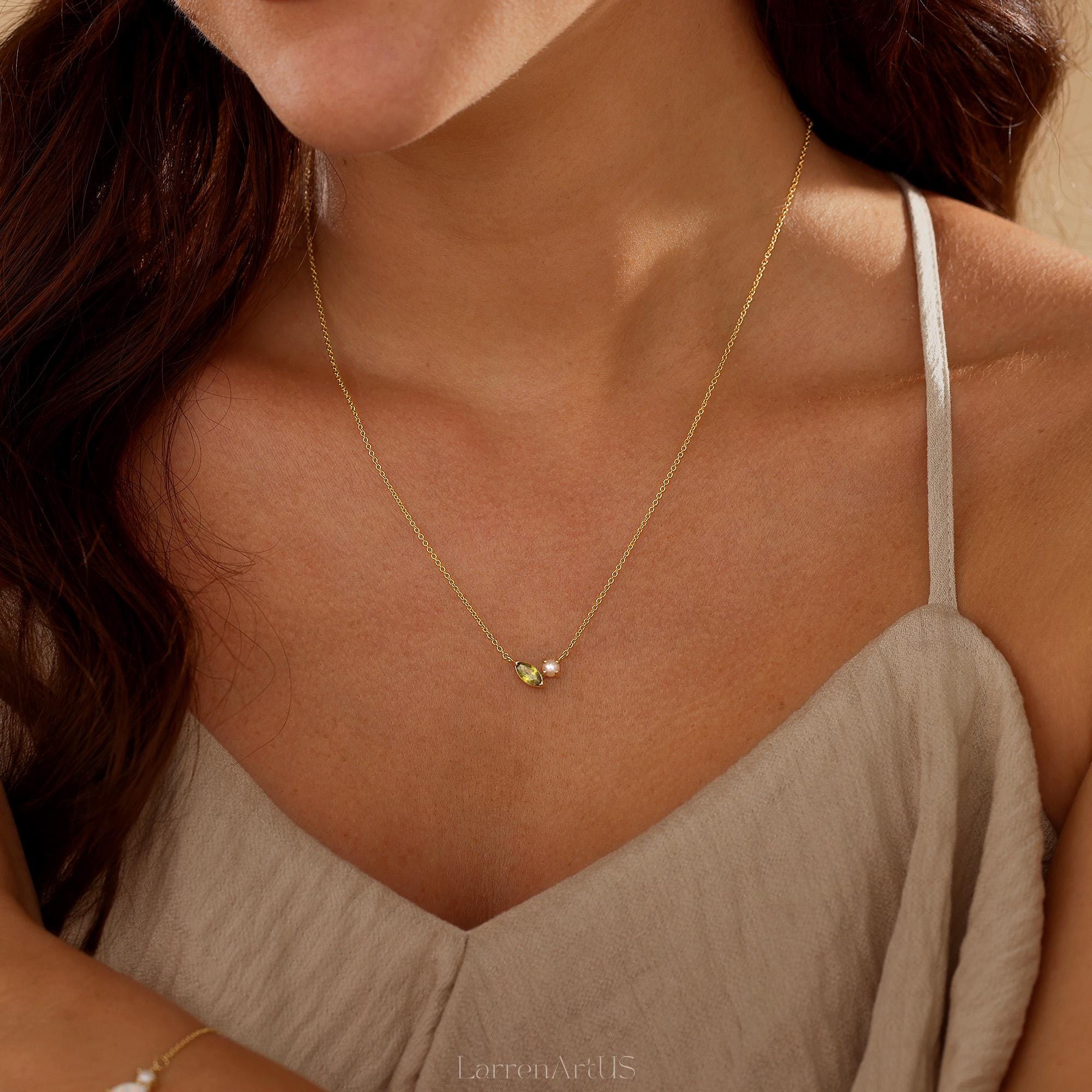 Marquise Birthstone and Pearl Necklace, Personalized Gemstone Pendant