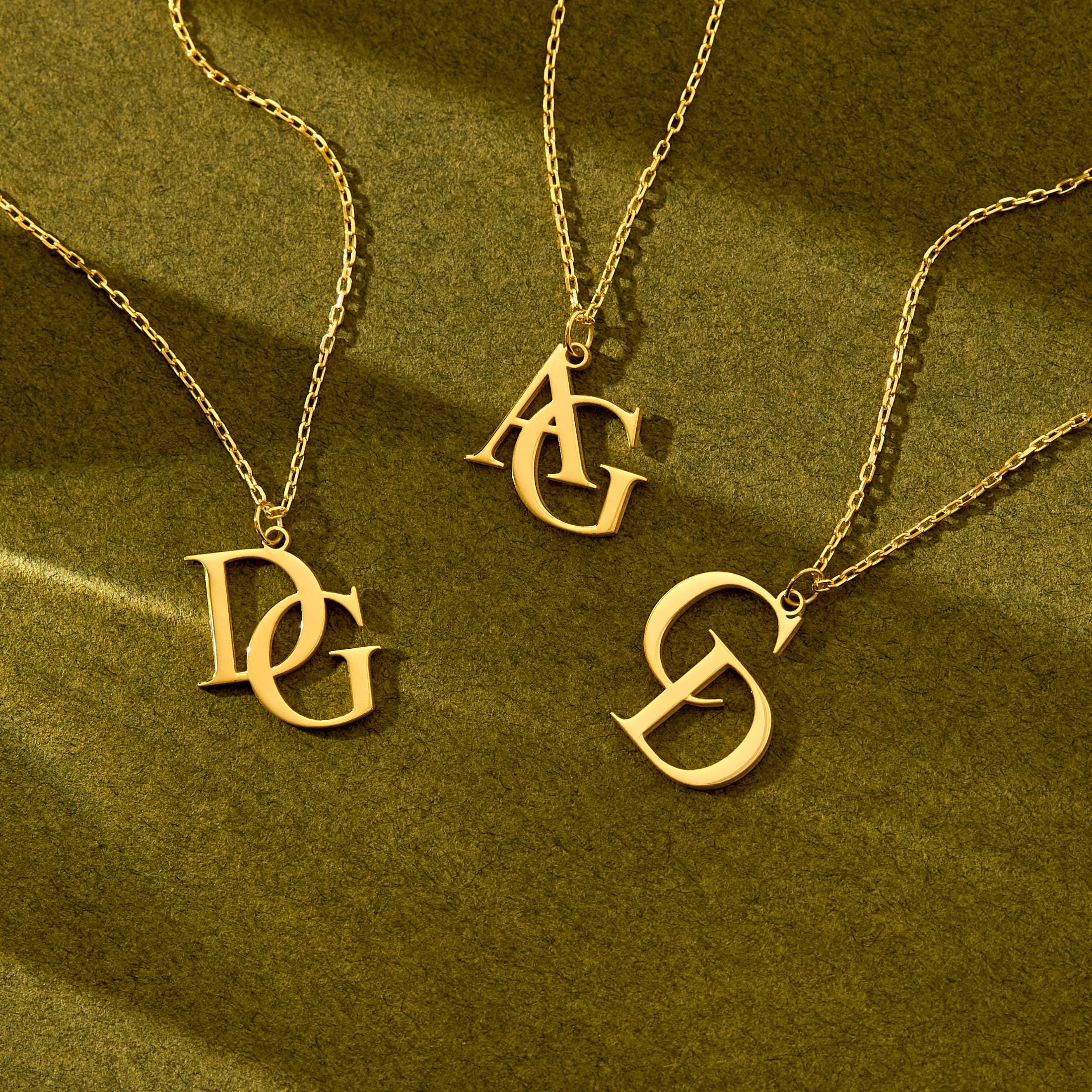 Double Initial Necklace with Two Letters in Sterling Silver or Solid Gold