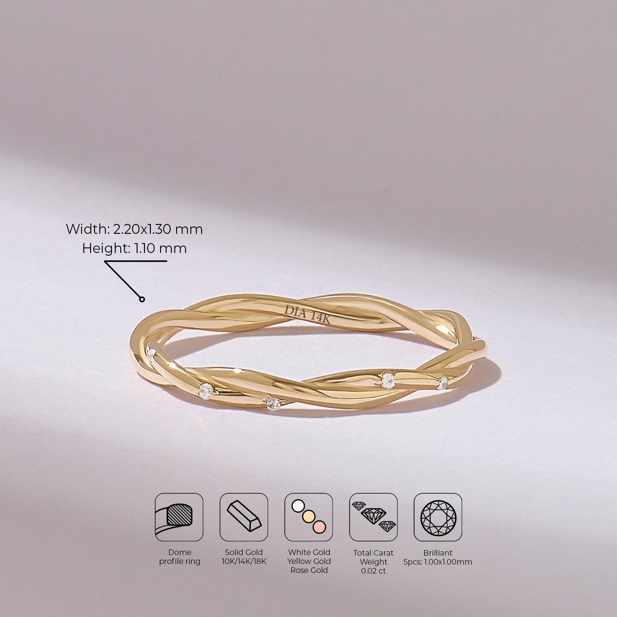 14K Solid Gold Slim Twisted Diamond Band