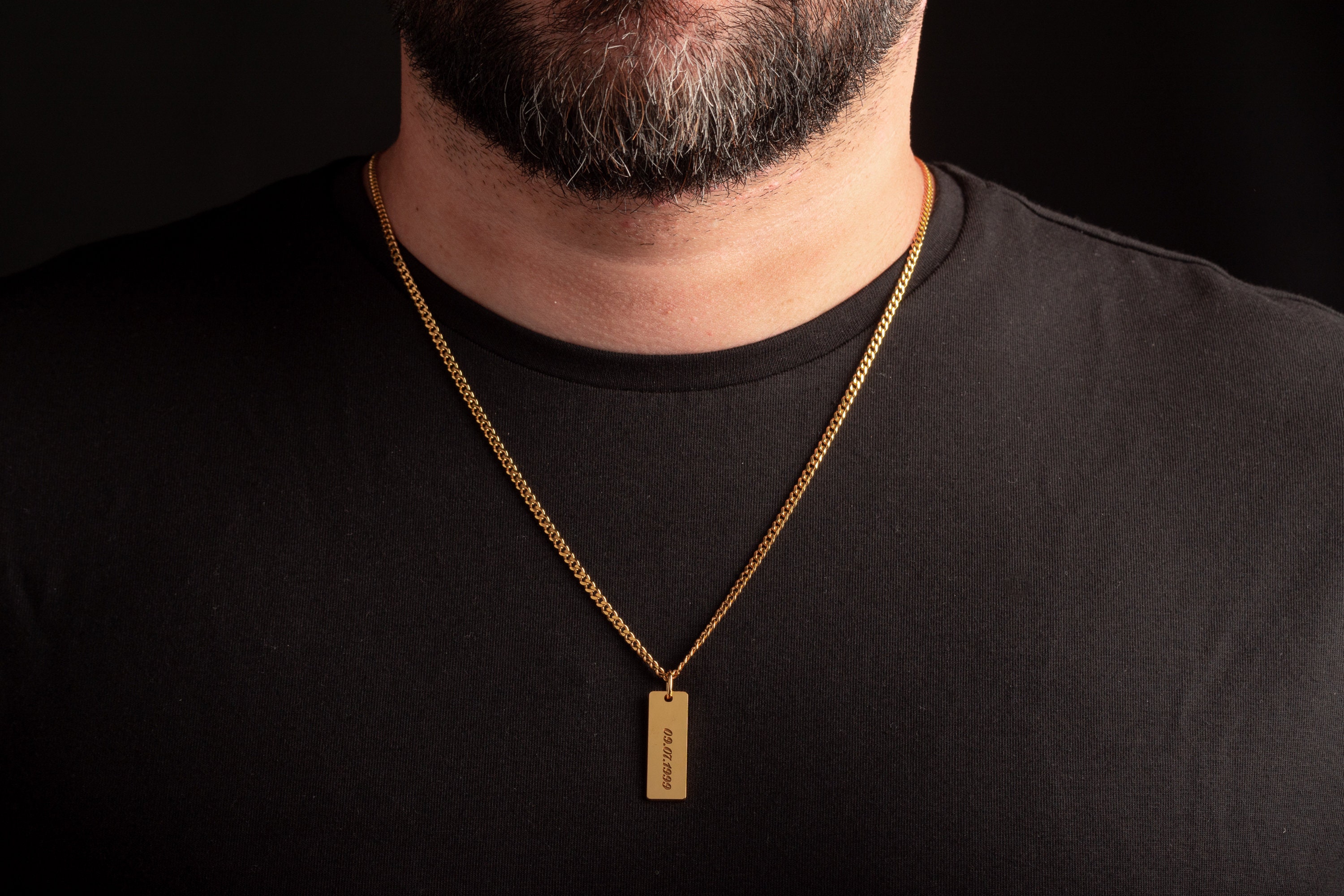Engraved Sterling Silver Bar Necklace for Men with Curb Chain