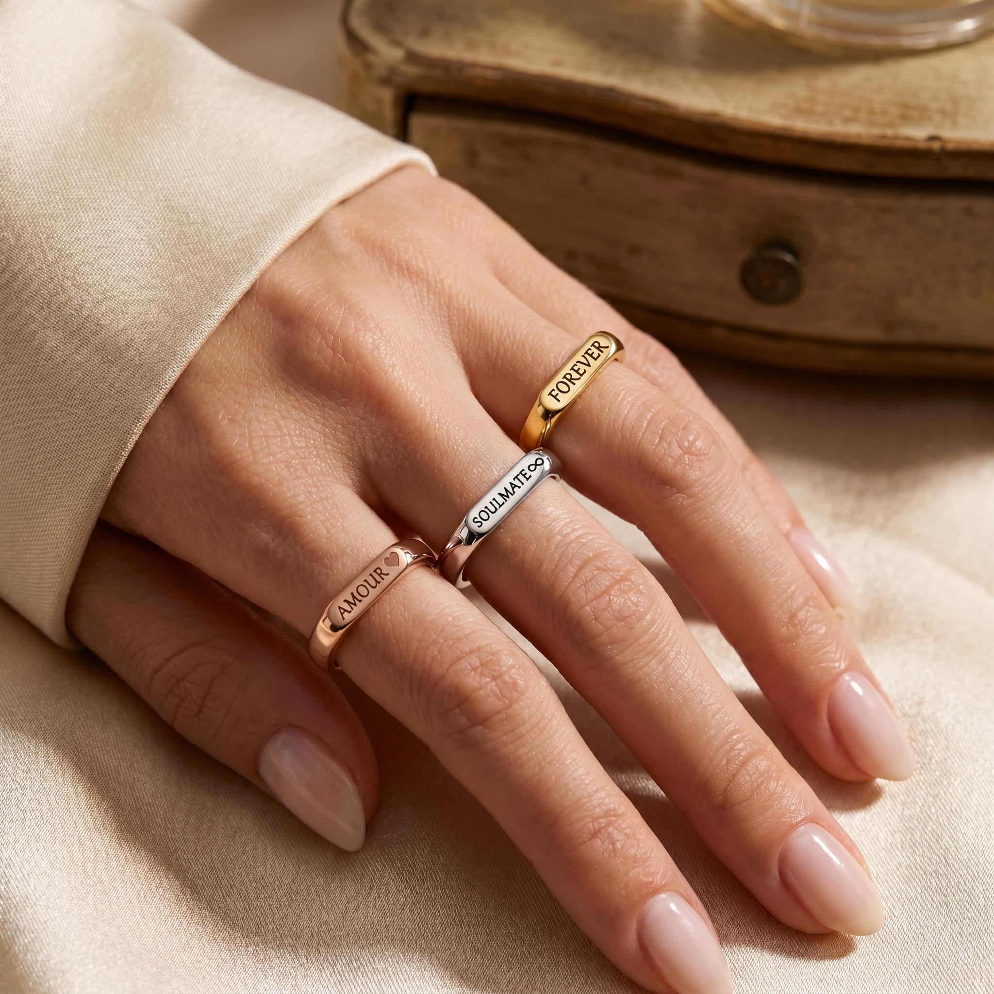 14K Solid Gold Engraved Bar Name Ring, Custom Signet Band