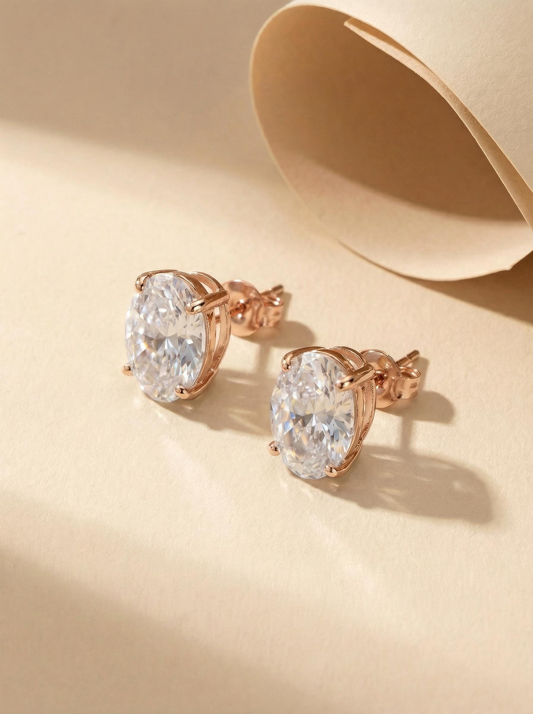 Oval Moissanite Stud Earrings in Sterling Silver or Solid Gold