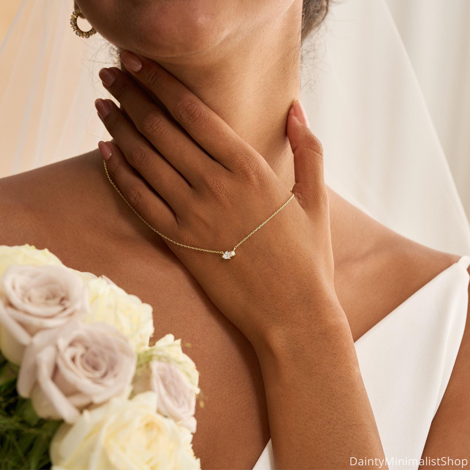 Dainty Pearl Necklace with Heart CZ Diamond in 14K Gold Plated Copper