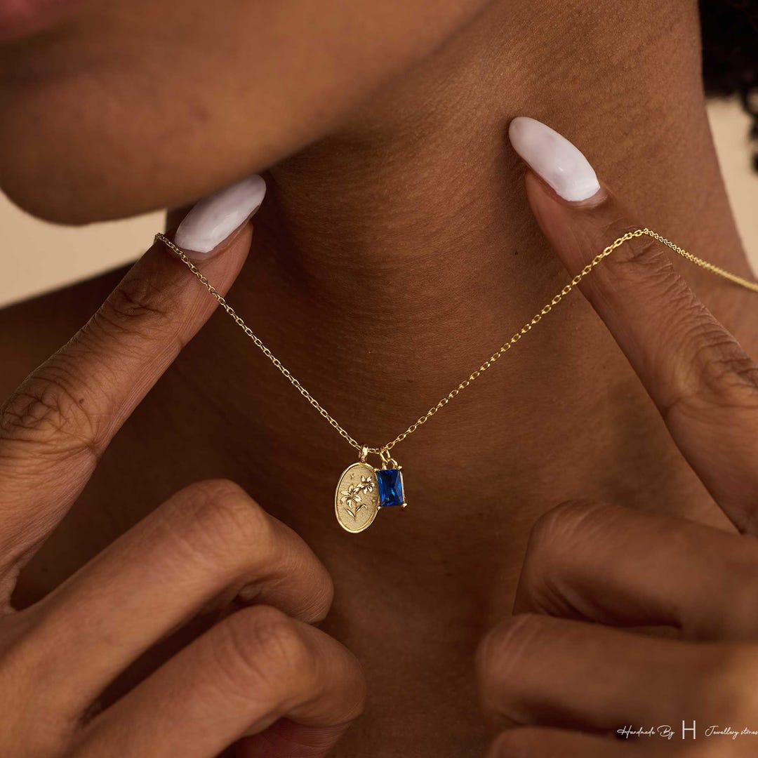Engraved Birth Flower and Birthstone Necklace