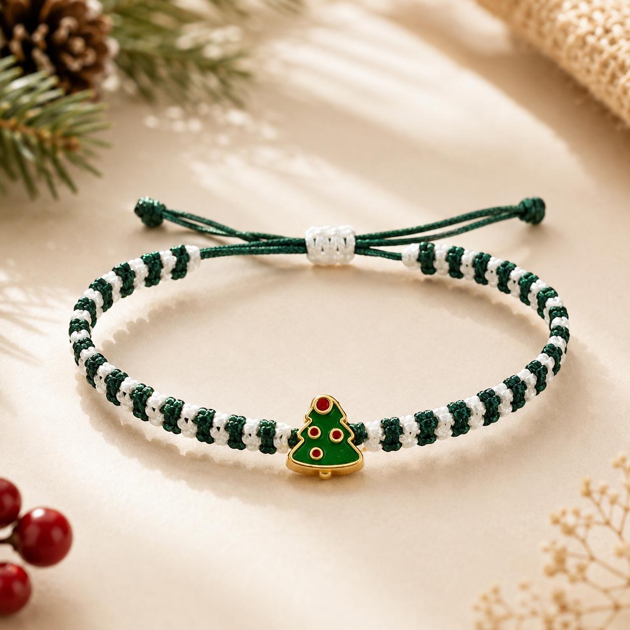 Handwoven Christmas Bracelet with Red and Green Cord and Tree Charm