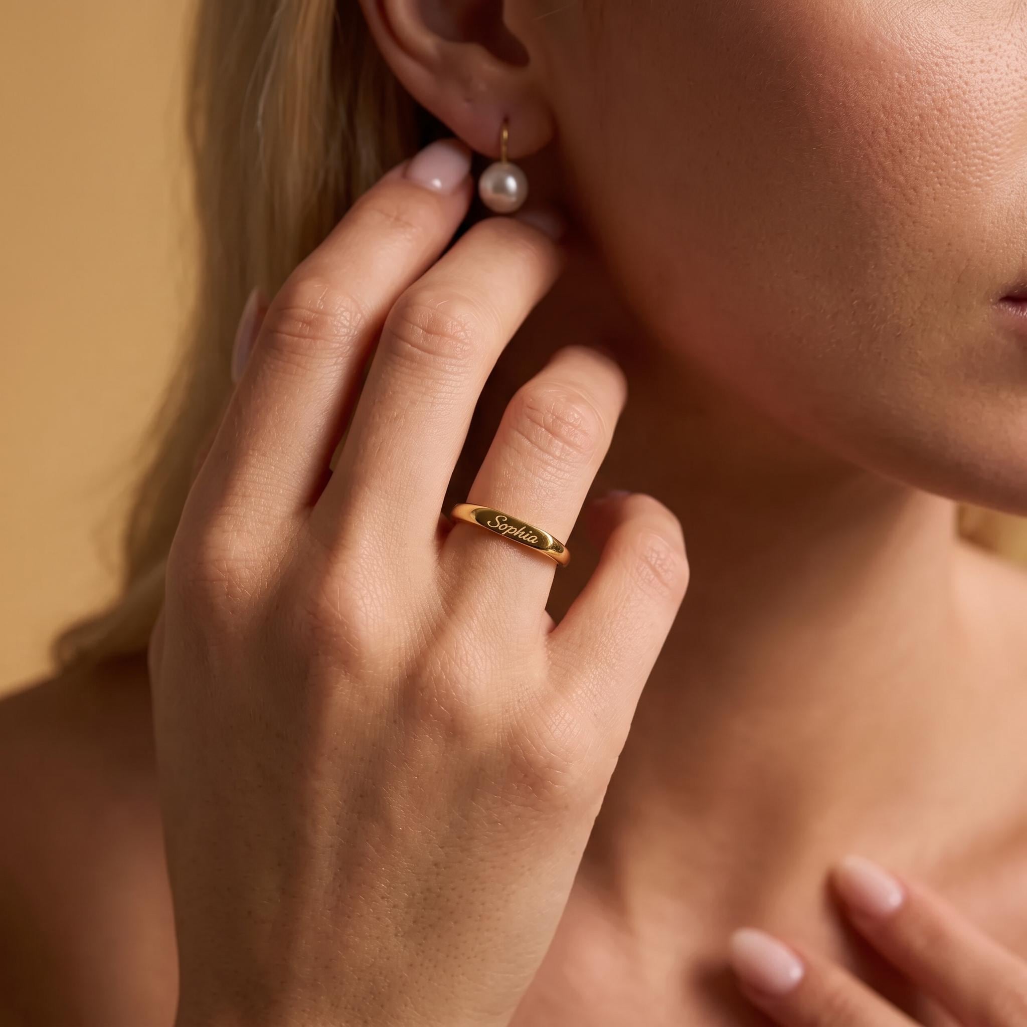 14K Solid Gold Engraved Bar Name Ring, Custom Signet Band