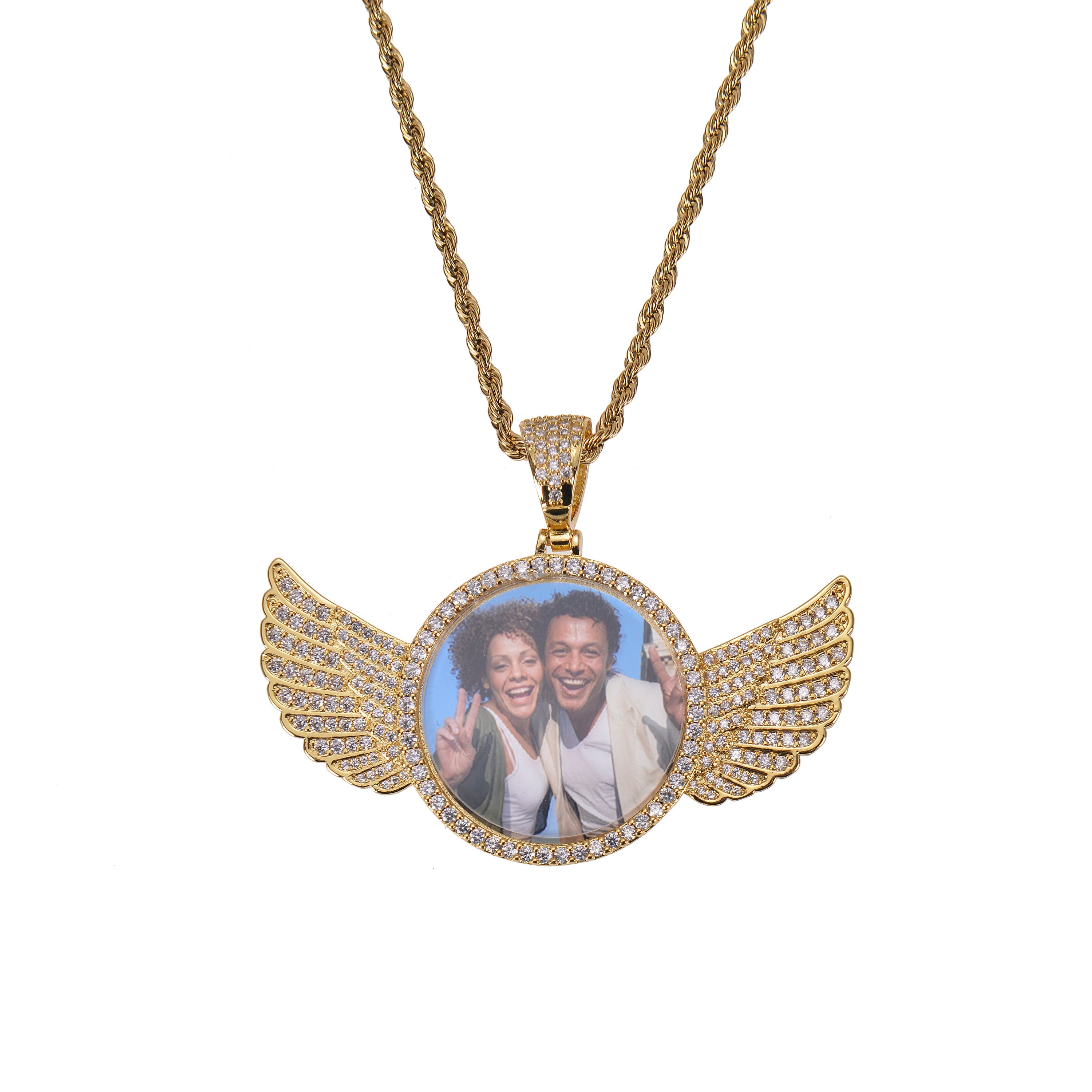Personalized Angel Wings Photo Pendant Necklace with Diamond Detailing