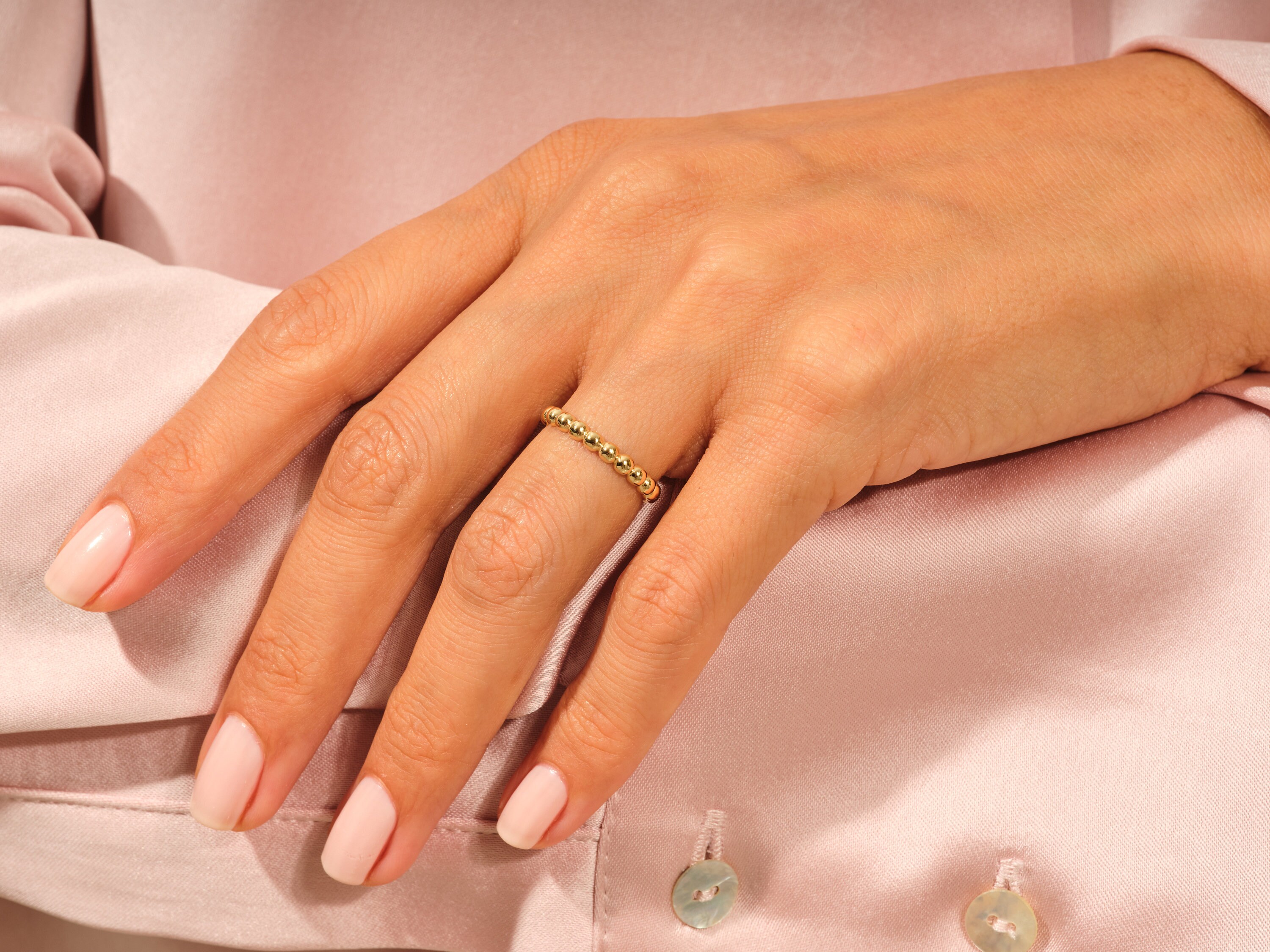 14K Gold Beaded Ring, Dainty Stacking Band 2mm 3mm 4mm