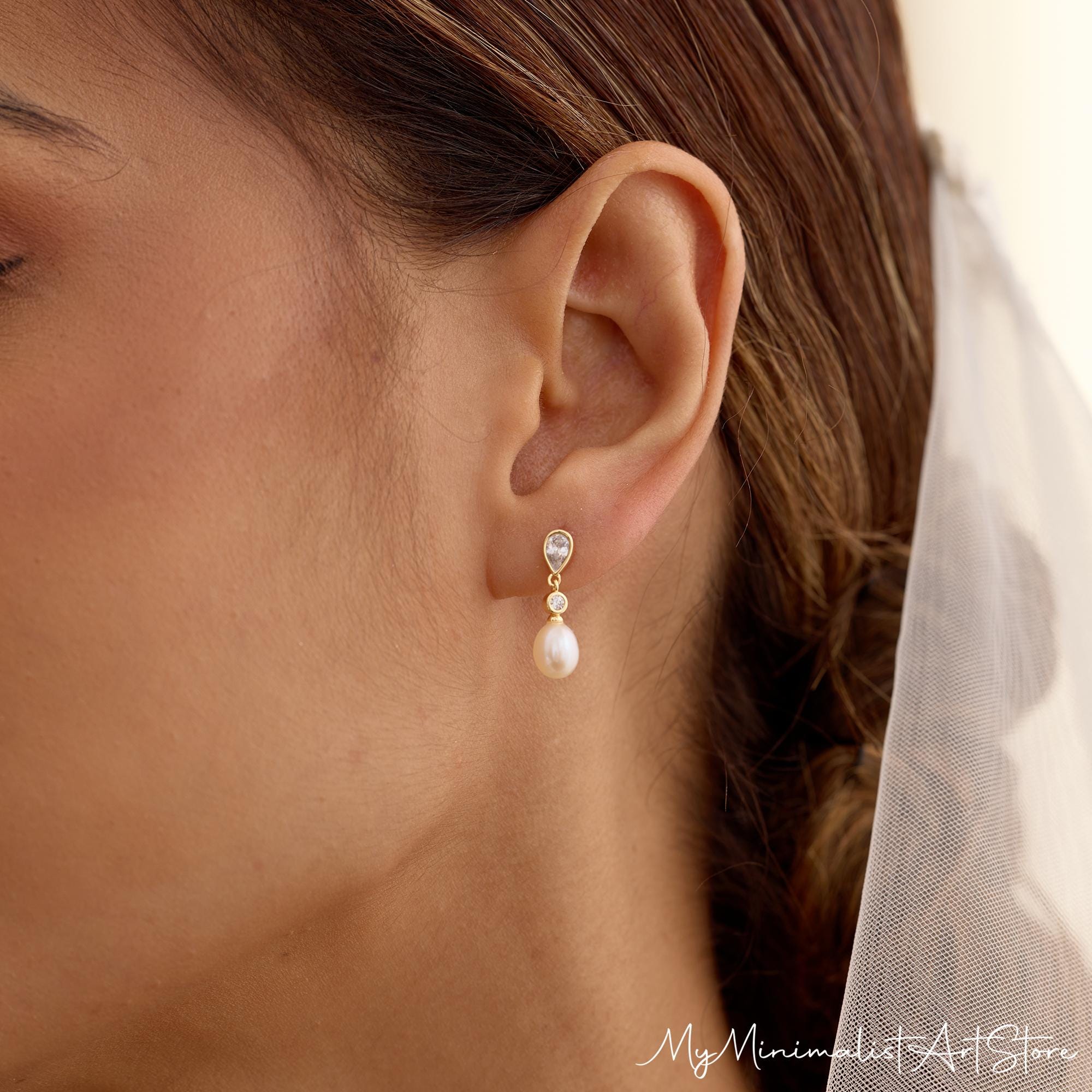 Natural Freshwater Pearl Drop Earrings with Cubic Zirconia Accents
