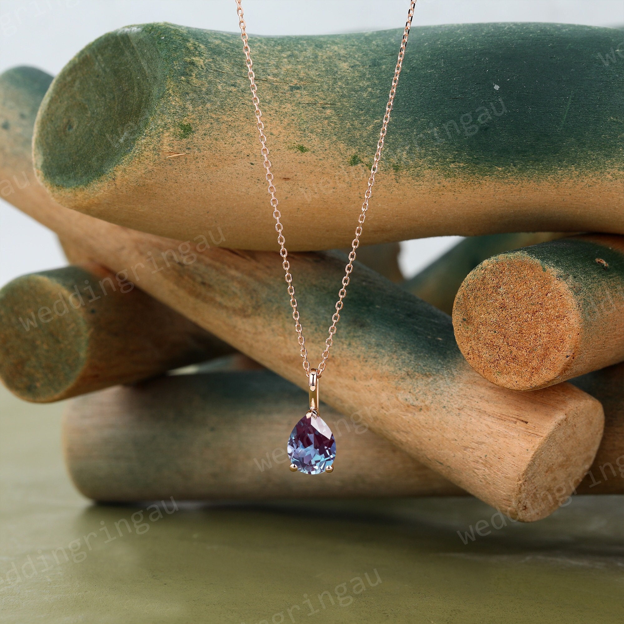 Pear Alexandrite Necklace in Solid Rose Gold, June Birthstone Pendant