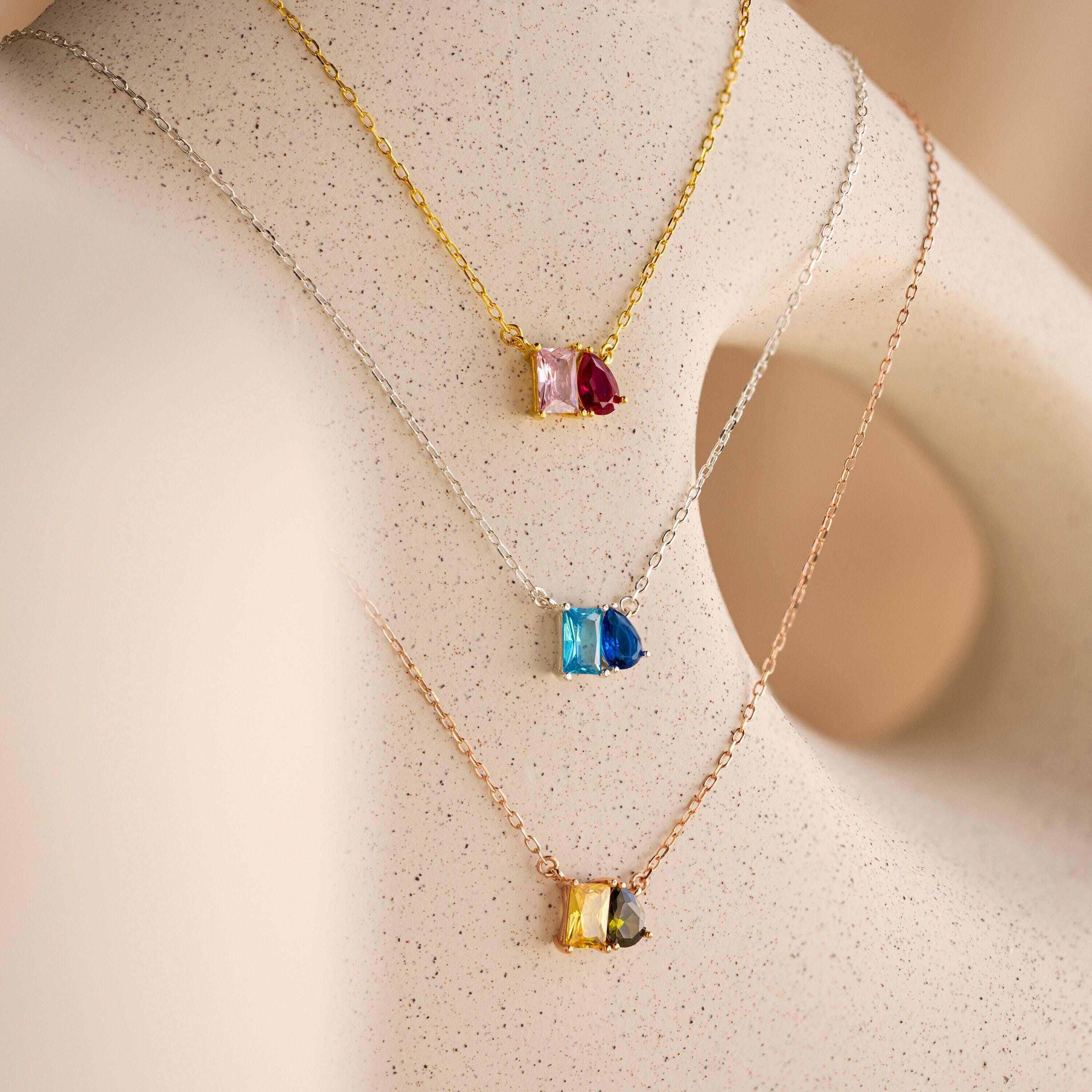 Toi et Moi Birthstone Necklace with Emerald and Pear Cut Stones