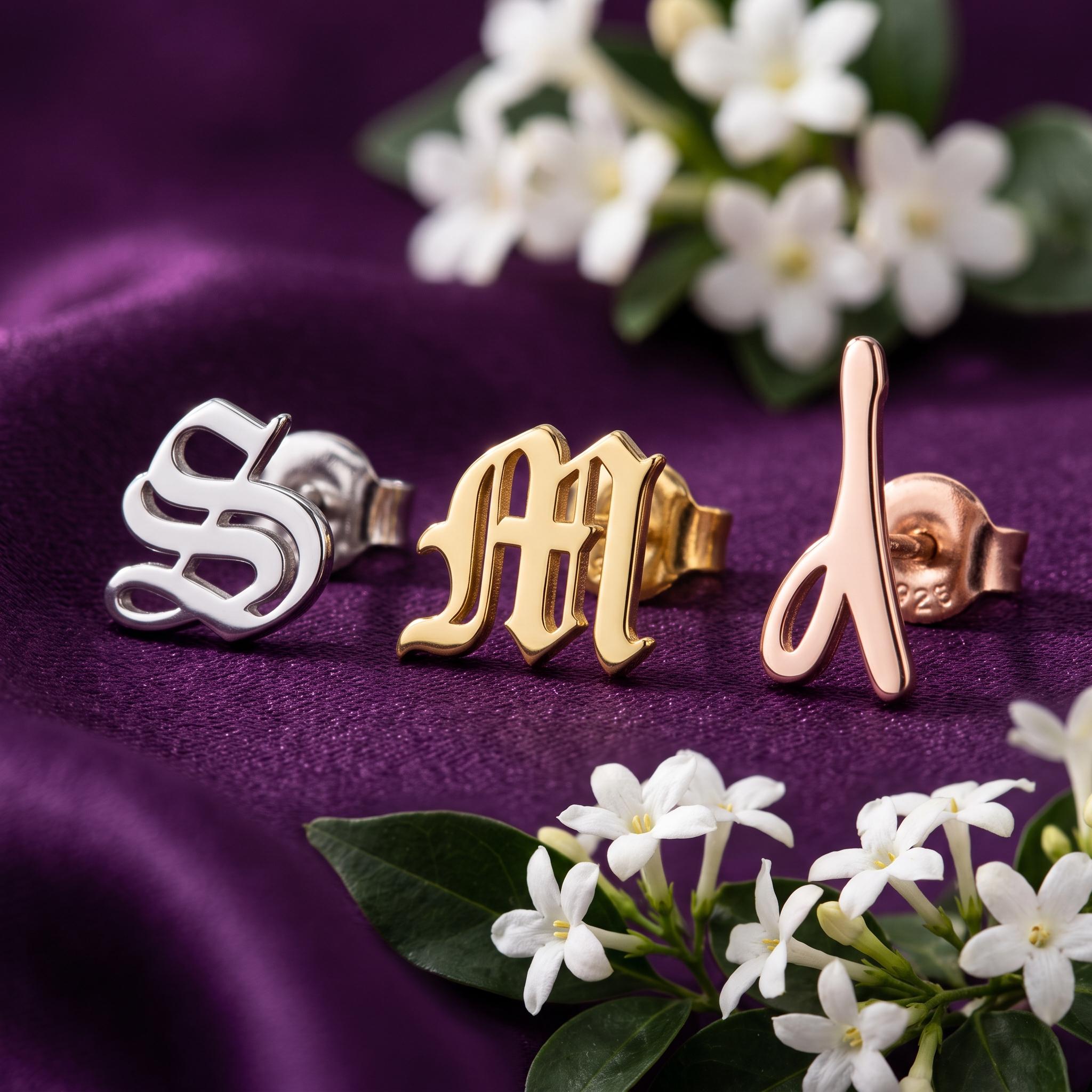 Custom Initial Stud Earring in Solid Gold with Old English Lettering