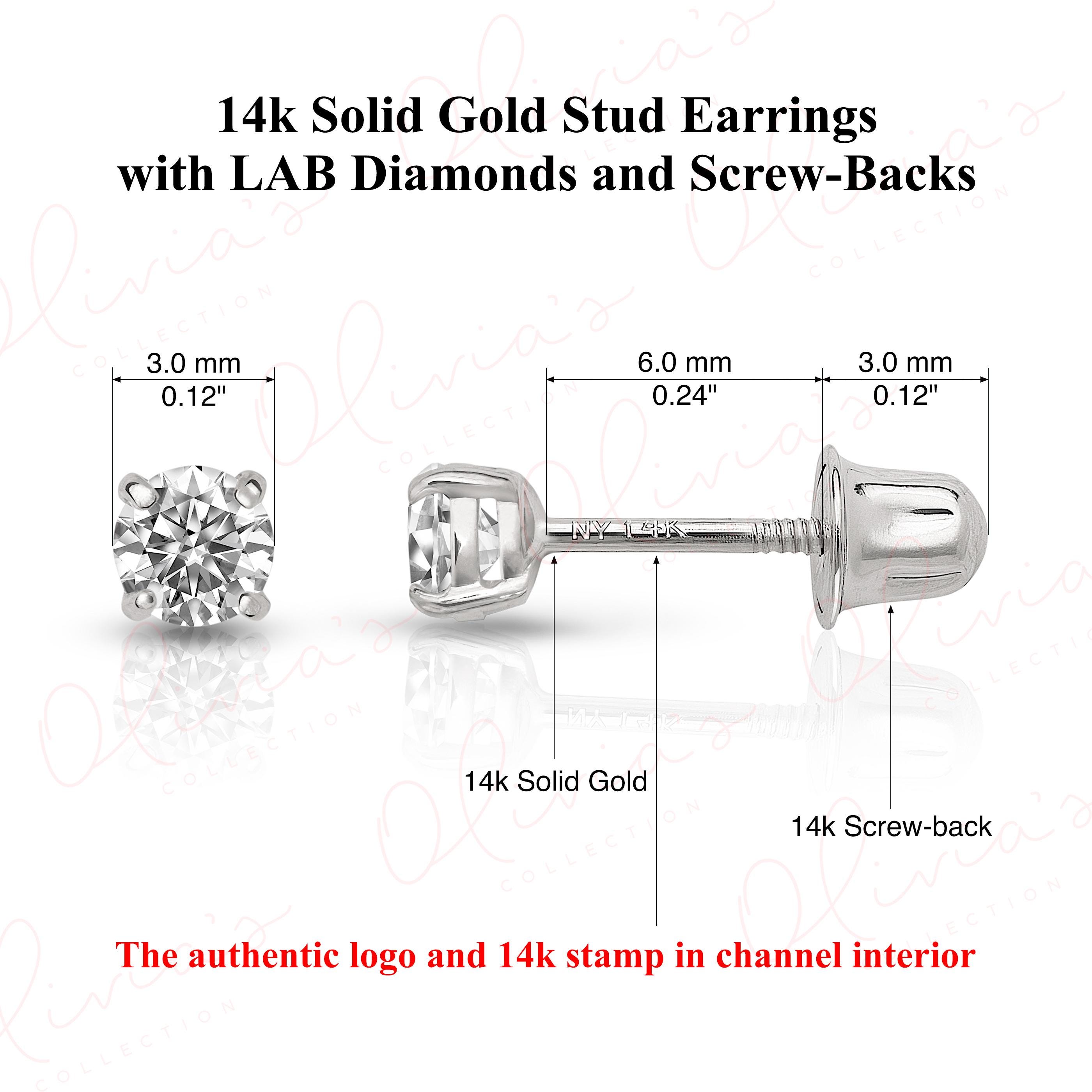 14K Solid Gold Lab-Grown Diamond Stud Earrings with Screw Backs, White or Yellow