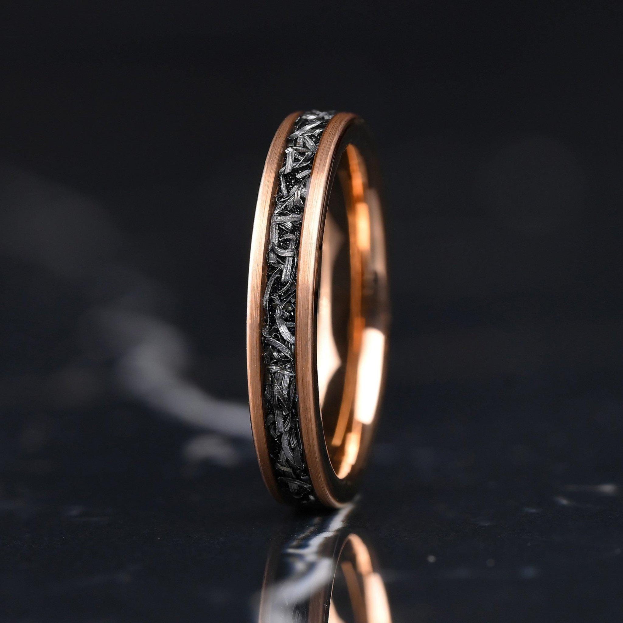 Hammered Meteorite Tungsten Couple Ring Set, 8mm and 4mm