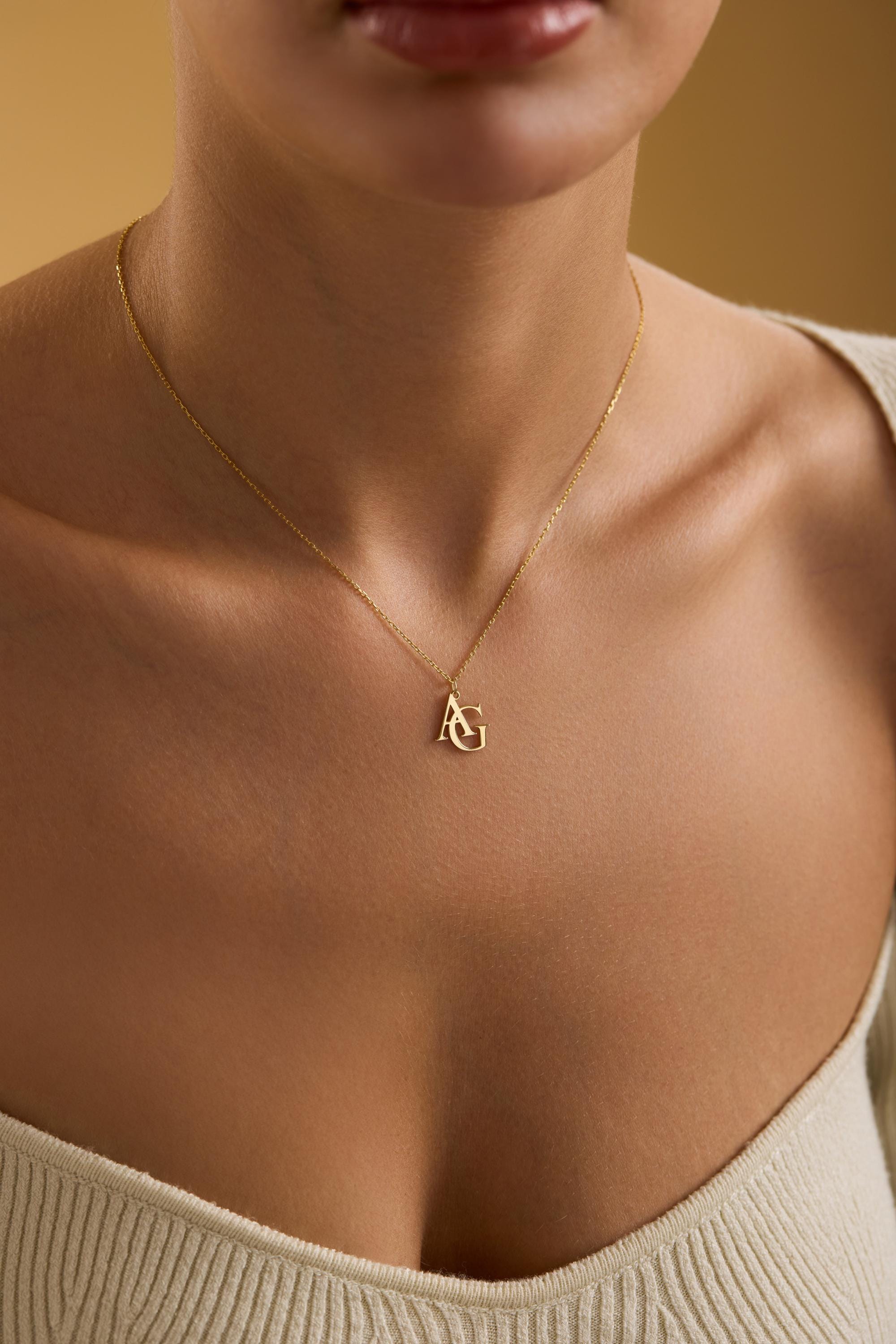 Double Initial Necklace with Two Letters in Sterling Silver or Solid Gold