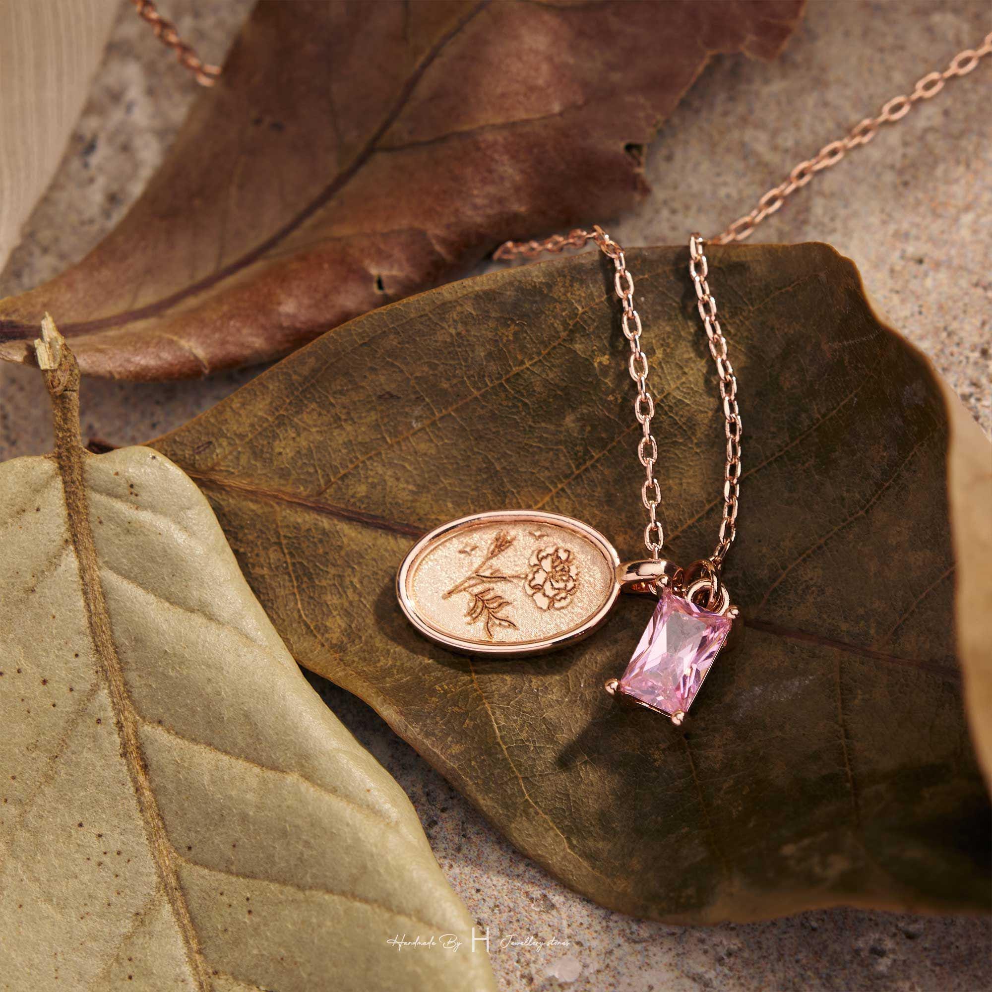 Engraved Birth Flower and Birthstone Necklace
