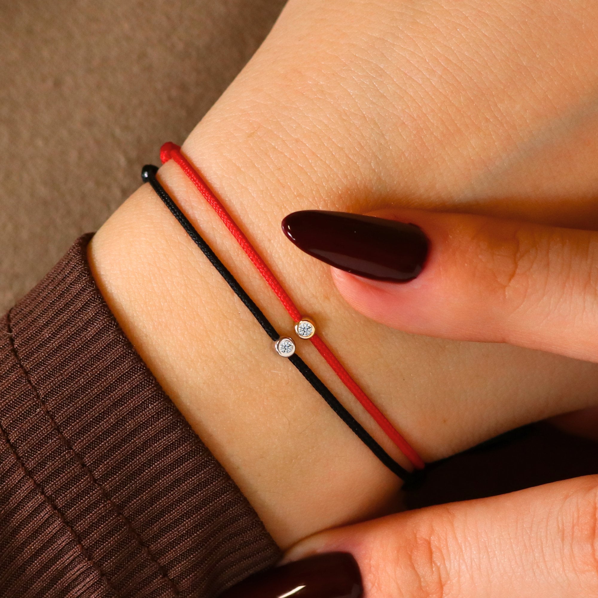 14K Solid Gold Diamond String Bracelet on Silk Thread